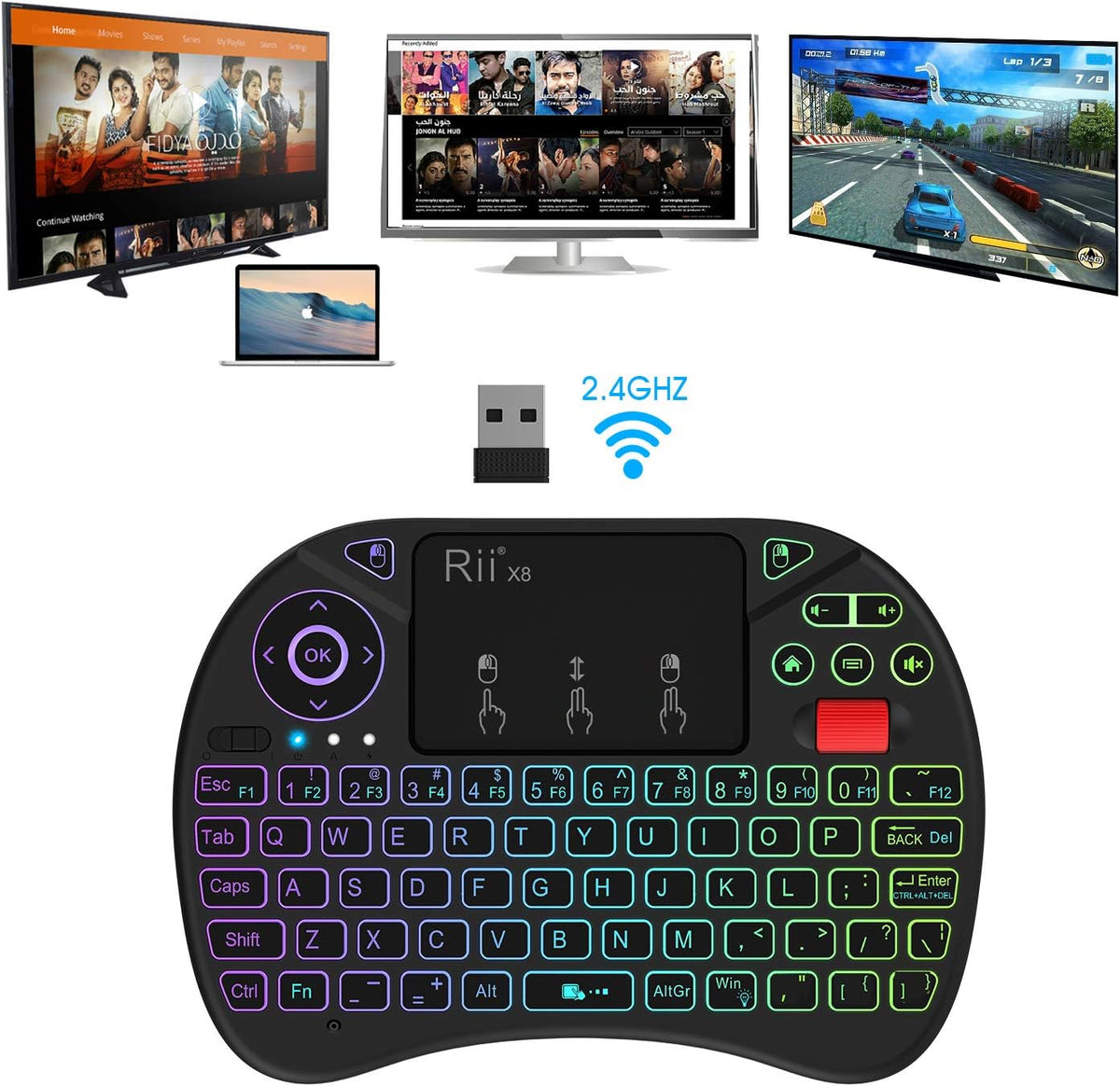 Rii X8 Mini Keyboard,2.4G Wireless,with Touchpad Mouse for Android TV Box | RGB Backlit,Rechargeable Battery,Easy meadia control,Built-in Touchpad for PC/HTPC/IPTV/Nvidia Shield