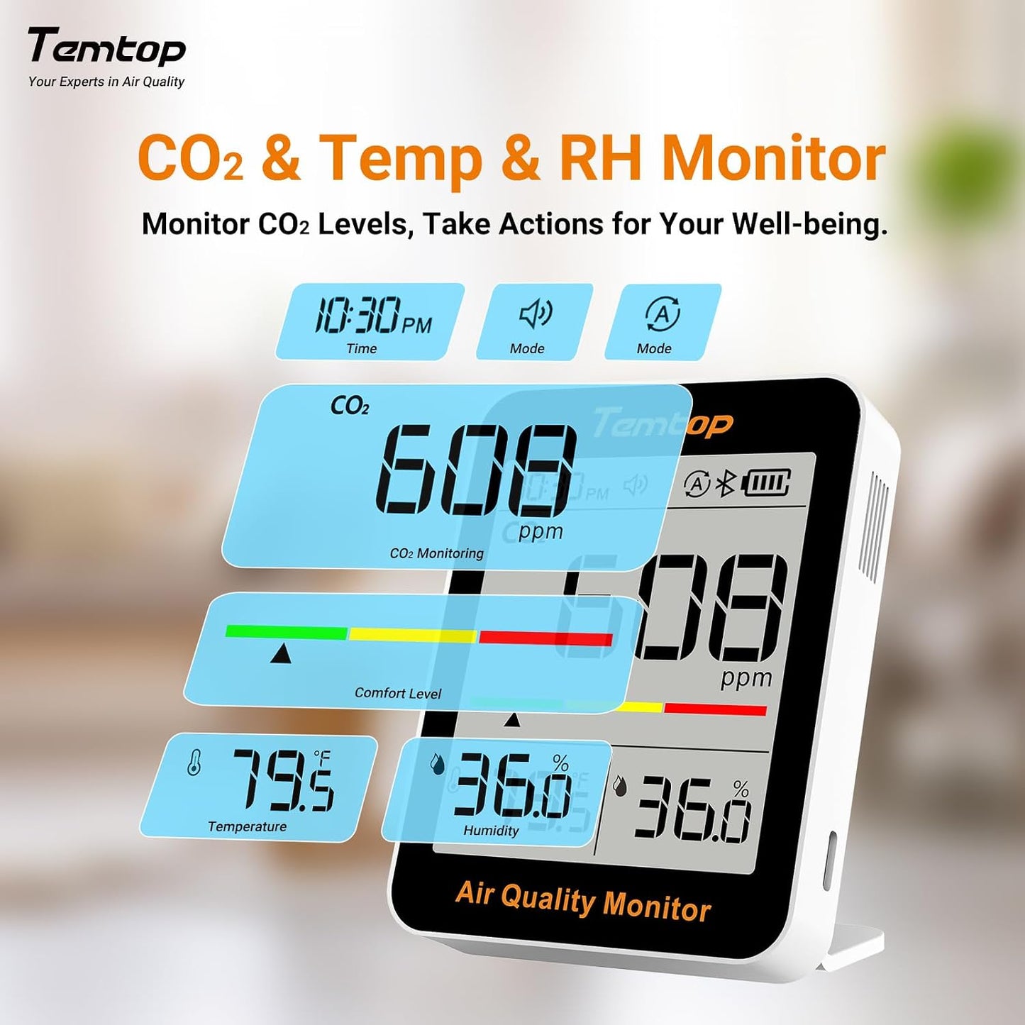 Temtop C1+ CO2 Monitor, Indoor Air Quality Monitor with BLE App | Portable CO2 Meter, CO2 Temperature Humidity Detector, Real-Time Data Sync for Home, Office, School, Baby Room