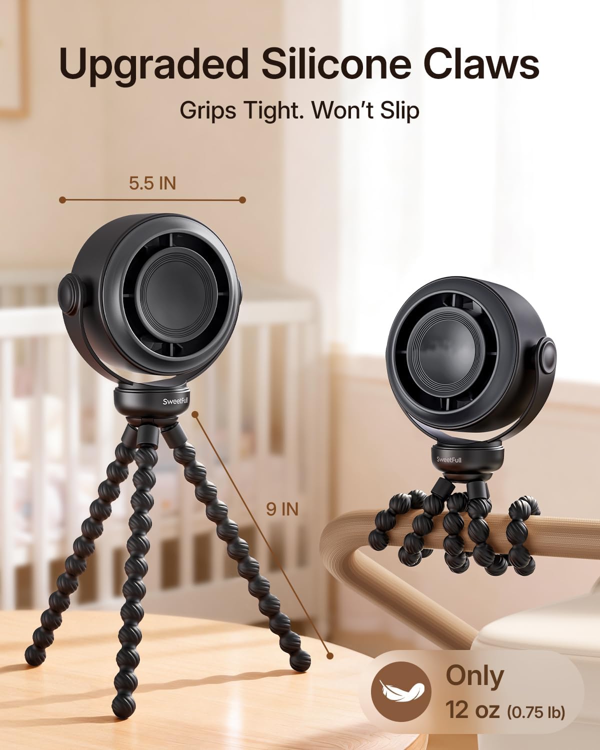 SWEETFULL Portable Stroller Fan, Pinch-Proof Baby Fan - Black | Wide Turbine Airflow; Safe Design; LED Display; 5-Speed; 30dB Quiet; USB-C Rechargeable; Mini Clip On Fan for Car Seat & Bed