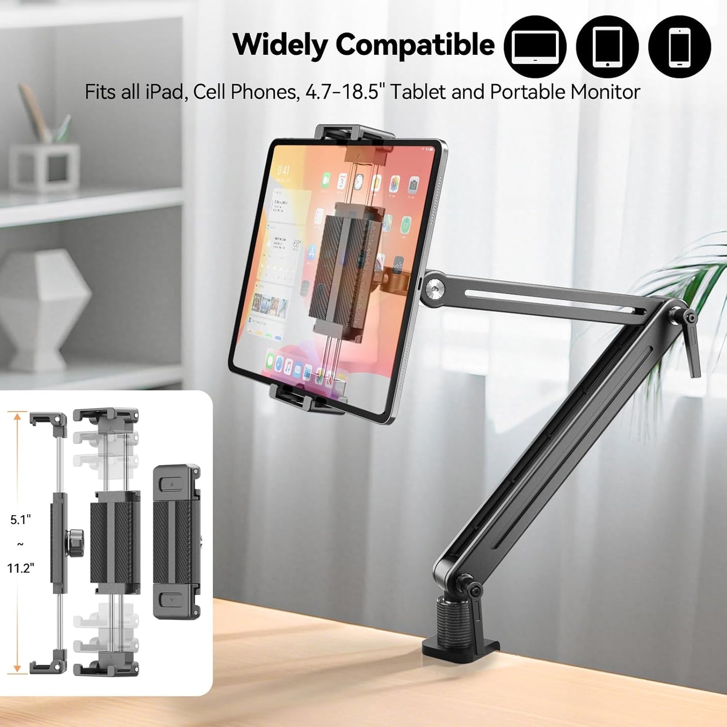 Portable Monitor Stand Desk Holder- Large Clamp support up to 6.5 12.9 14.6 15.6 18.5 inch 360° Rotating Base Swivel Tall Desk Arm Mount for iPad Pro/Mini/Air/Surface Strong Bearing Weight over 5.5lbs