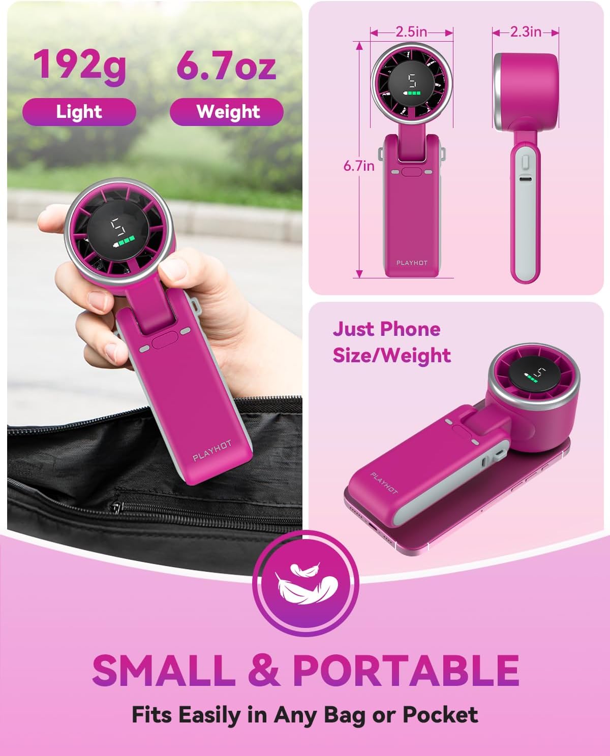 PlayHot Portable Handheld Turbo Fan, Travel Essentials, Gifts for Women/Men | 5-Speed, Up to 12H, 10m/s Airflow, USB-C Rechargeable, LED Display, 3-in-1 Foldable Personal Fan for Cruise, Beach, Vacation