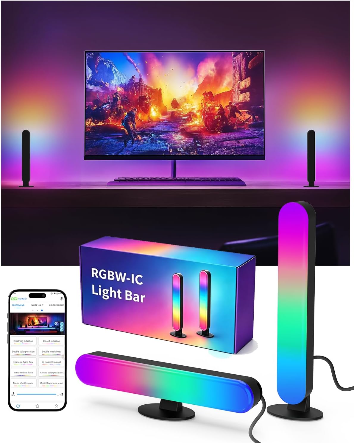 Smart Light Bars, RGB LED Streaming Light with Music Sync, Bluetooth RGB-ICW Desk Light, Gaming Lights for PC, TV, Mood Lighting, USB Powered for Room Decoration.
