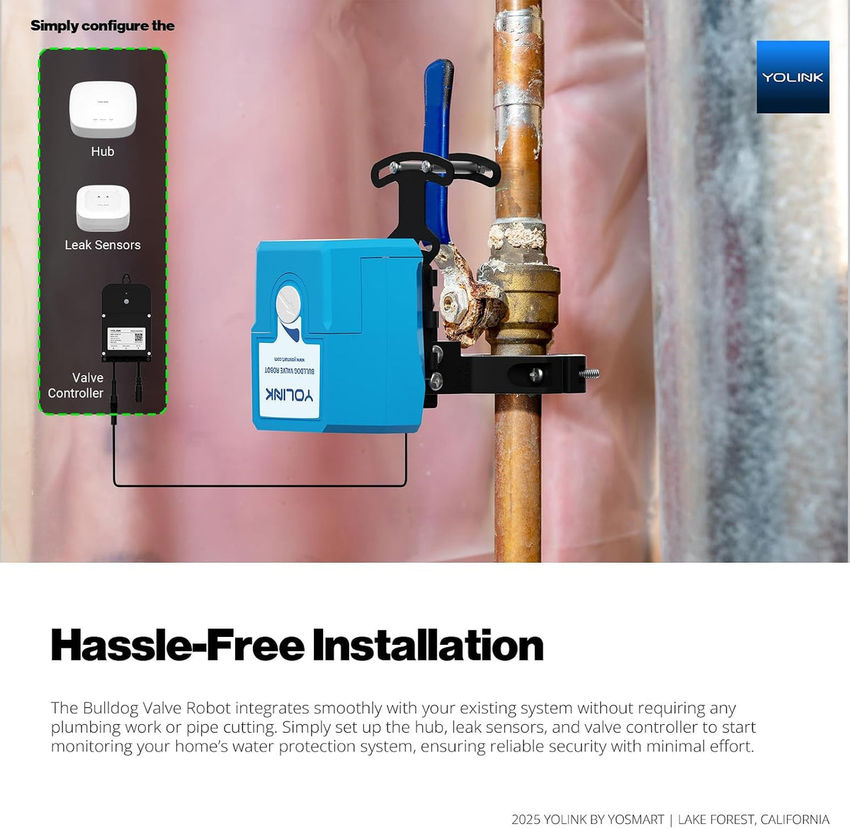 YoLink Smart Water Leak Protection System Kit: Bulldog Valve Robot, Smart Valve Controller 2, 3 Water Leak Sensors, Hub