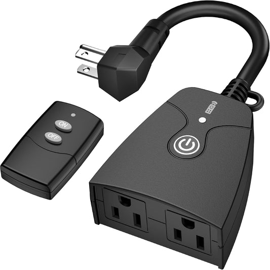 HBN Remote Control Outlets Outdoor Waterproof Indoor Wireless Light Switch | 3-Prong Dual Plugs In On Off Remote Outlet with 1 Outlet 1 Remote (Battery Included),6 Inch Cord, 100FT,15A/1875W, ETL Listed