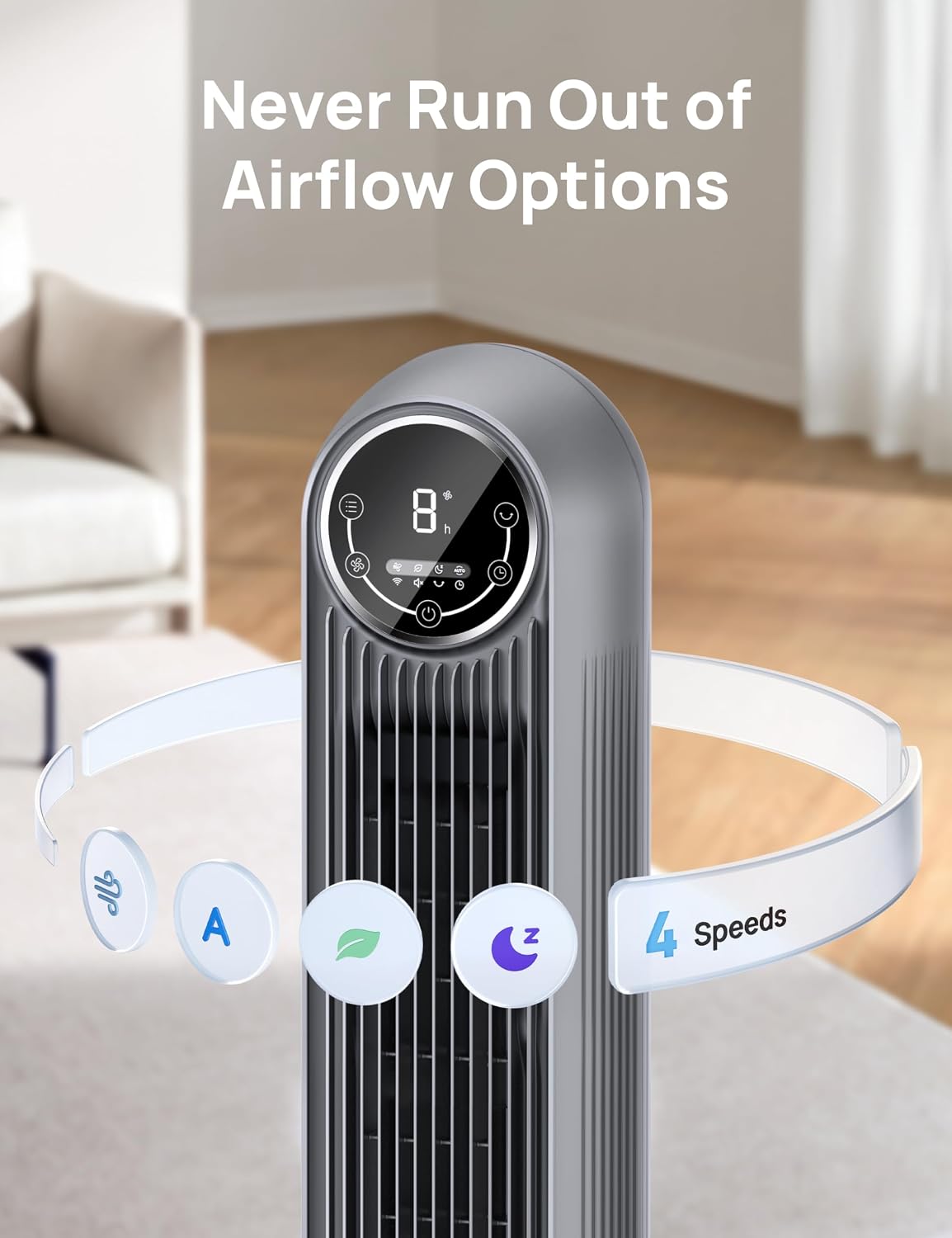 DREO Tower Fan for Bedroom, 25ft/s Velocity Quiet Floor Fan, 90° Oscillating Fans for Indoors with 4 Speeds, 4 Modes, 8H Timer, Bladeless Fan, Standing Fans, Grey, Tower Fan 307 (DR-HTF007)