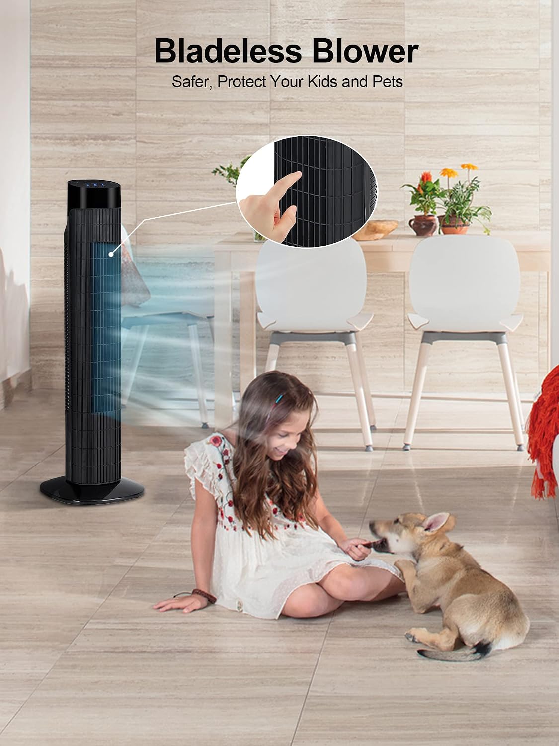 Uthfy 31 Inch Tower Fan for Bedroom, 120° Oscillating Quiet Standing Bladeless Fan With Remote, 7.5H Timer, 3 Speeds, 3 Modes, for Room, Dorm, Office, Matte Black