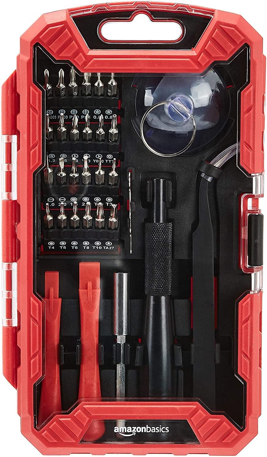 Amazon Basics Precision Screwdriver Set, 32-Piece Electronics Repair Tool Kit for Laptops, Smartphones, Eyeglasses, Watches, Magnetic Tip, Red