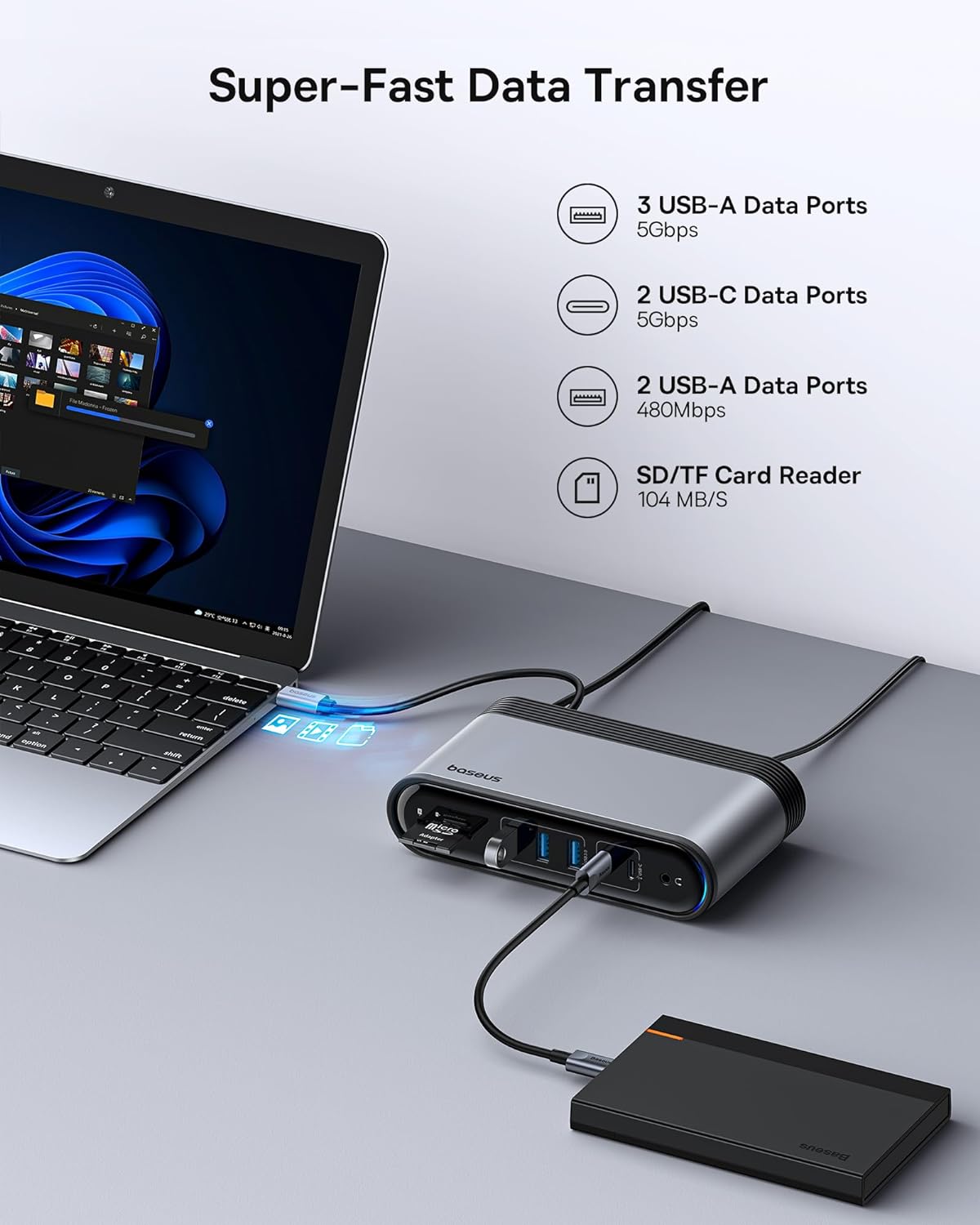 Baseus 17-in-1 Laptop Docking Station 3 Monitors with 4K HDMI+DP, USB C Docking Station with 7 USB, 1000Mbps Ethernet, 100W PD, Card Readers Compatible with Acer/HP/Lenovo/Mac/Dell