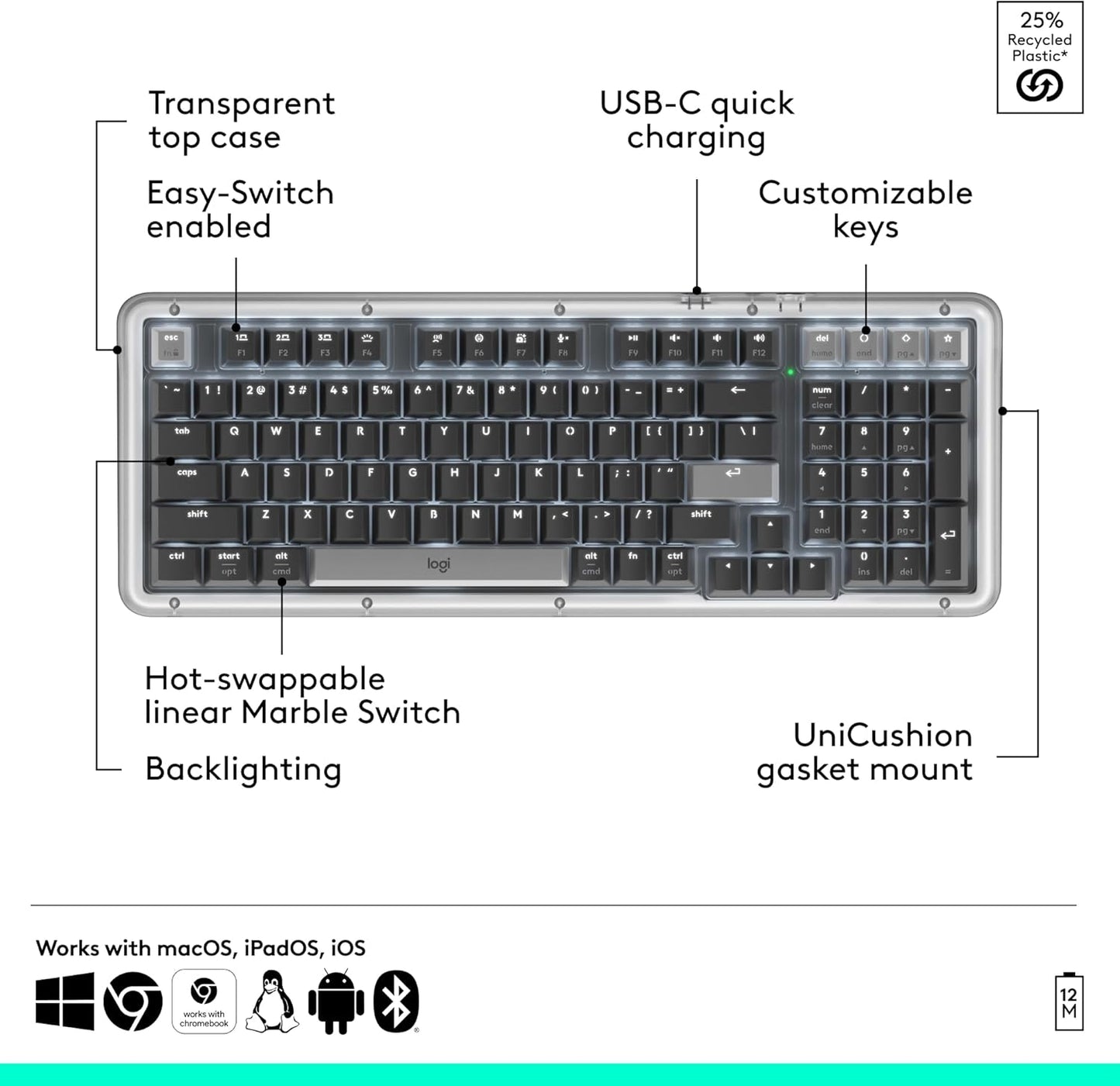 Logitech Alto Keys K98M Wireless Mechanical Gasket Keyboard - Graphite | Customizable, clicky, vibration absorbing gasket, white backlit keys, Bluetooth, USB-C charging, for PC, Mac, Laptops