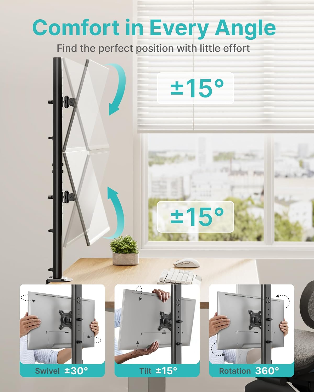 Pegzone Vertical Dual Monitor Mount for 17–34 Inch Screens, 33 lbs per Arm | Stacked Monitor Stand, 33.1" Extra Tall Pole, Full Motion Height Adjustable Mount, 75/100 VESA, Clamp & Grommet