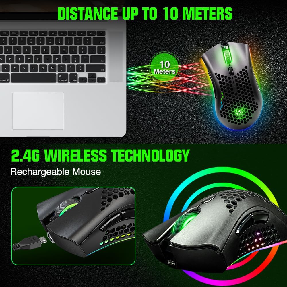 WolfLawS KM-1 RGB Wireless Gaming Mouse with Honeycomb Shell Computer Mouse | 2.4G USB Receiver, 6 Buttons, 3 Adjustable DPI, Rechargeable Ergonomic Mouse for PC Mac Laptop