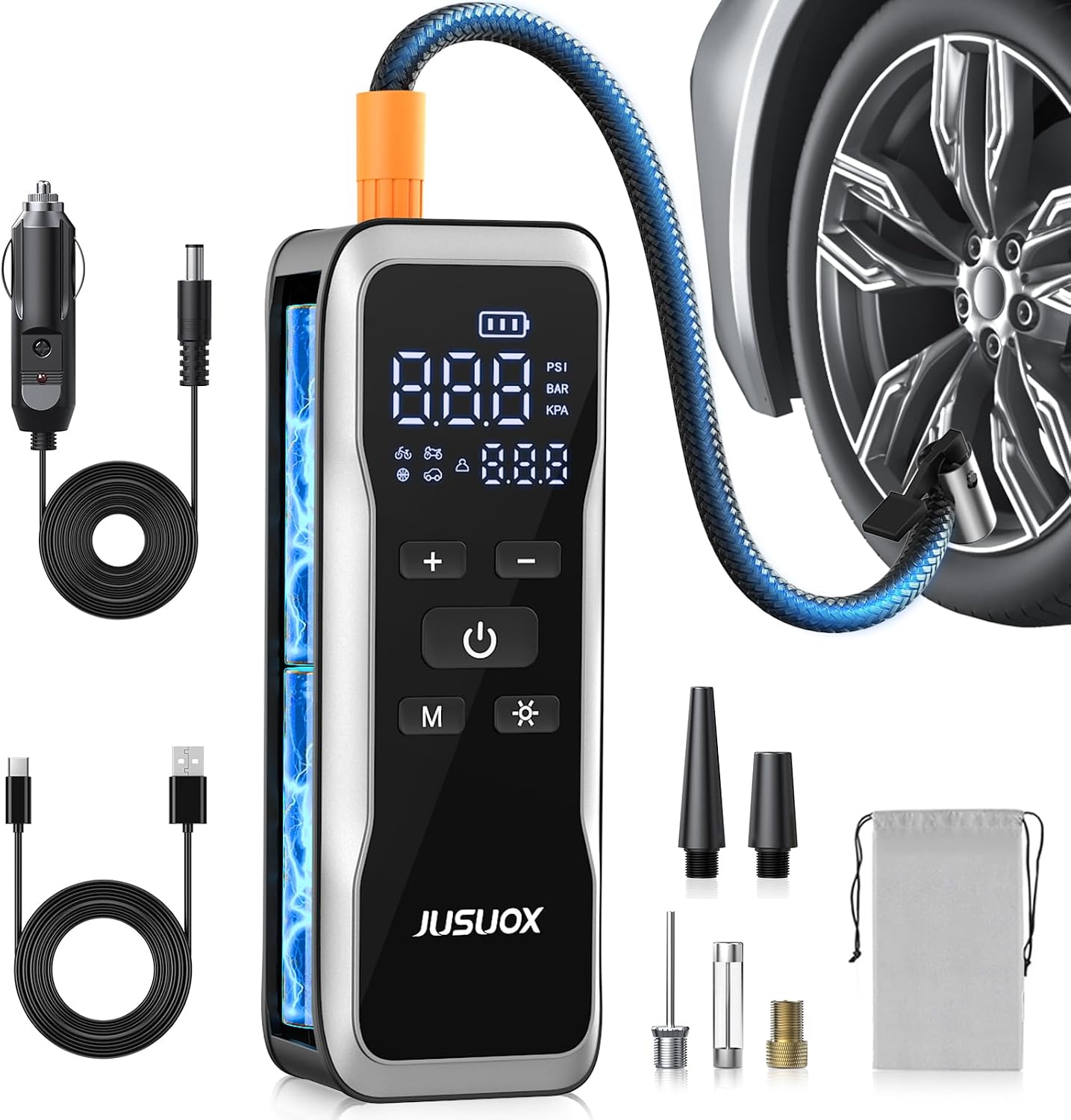JUSUOX Tire Inflator Portable Air Compressor, Dual Power Air Pump | 150PSI Cordless & 12V DC Power, Large Capacity Battery, Digital Gauge, LED Light, Auto Shut-Off, for Car, Moto, Bike, Ball