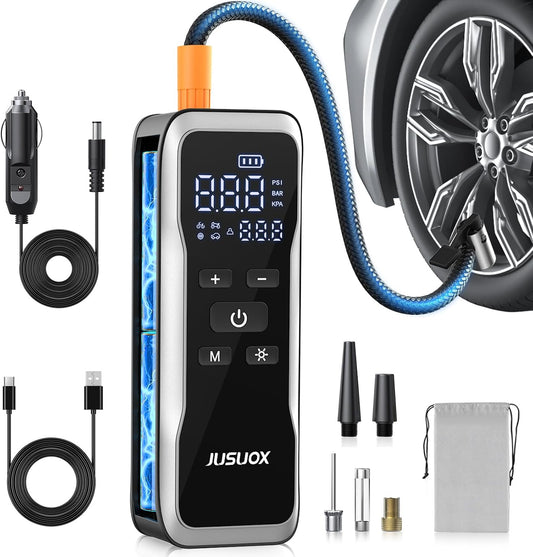JUSUOX Tire Inflator Portable Air Compressor, Dual Power Air Pump | 150PSI Cordless & 12V DC Power, Large Capacity Battery, Digital Gauge, LED Light, Auto Shut-Off, for Car, Moto, Bike, Ball