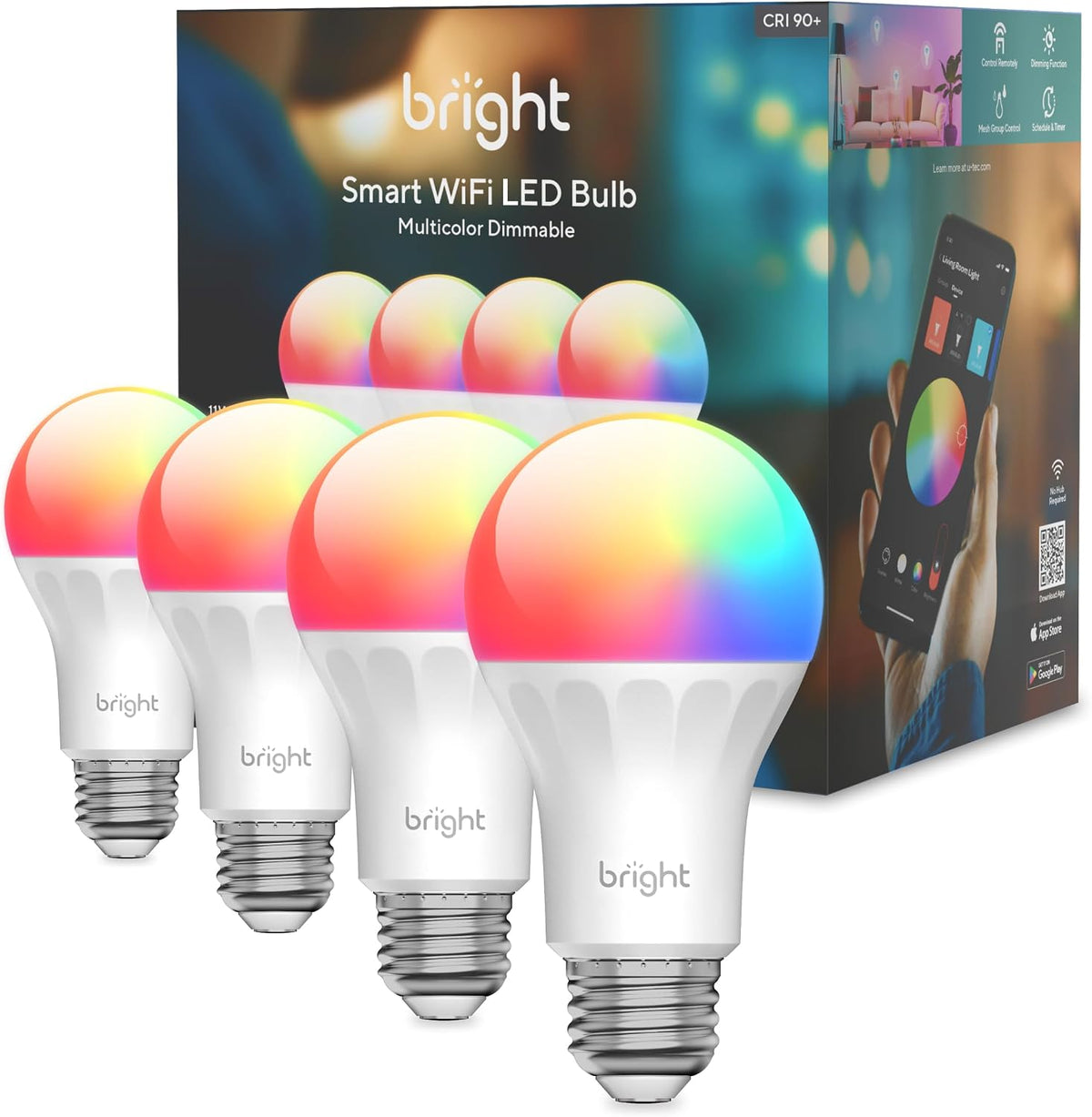 U-tec Smart Light Bulbs, 1100 Lumen, 90+CRI WiFi Mesh & Bluetooth Color Changing A19 Light Bulb, 16 Million DIY Colors RGB Light Bulbs, Compatible with Alexa, Google Assistant Home App, 4 Pack