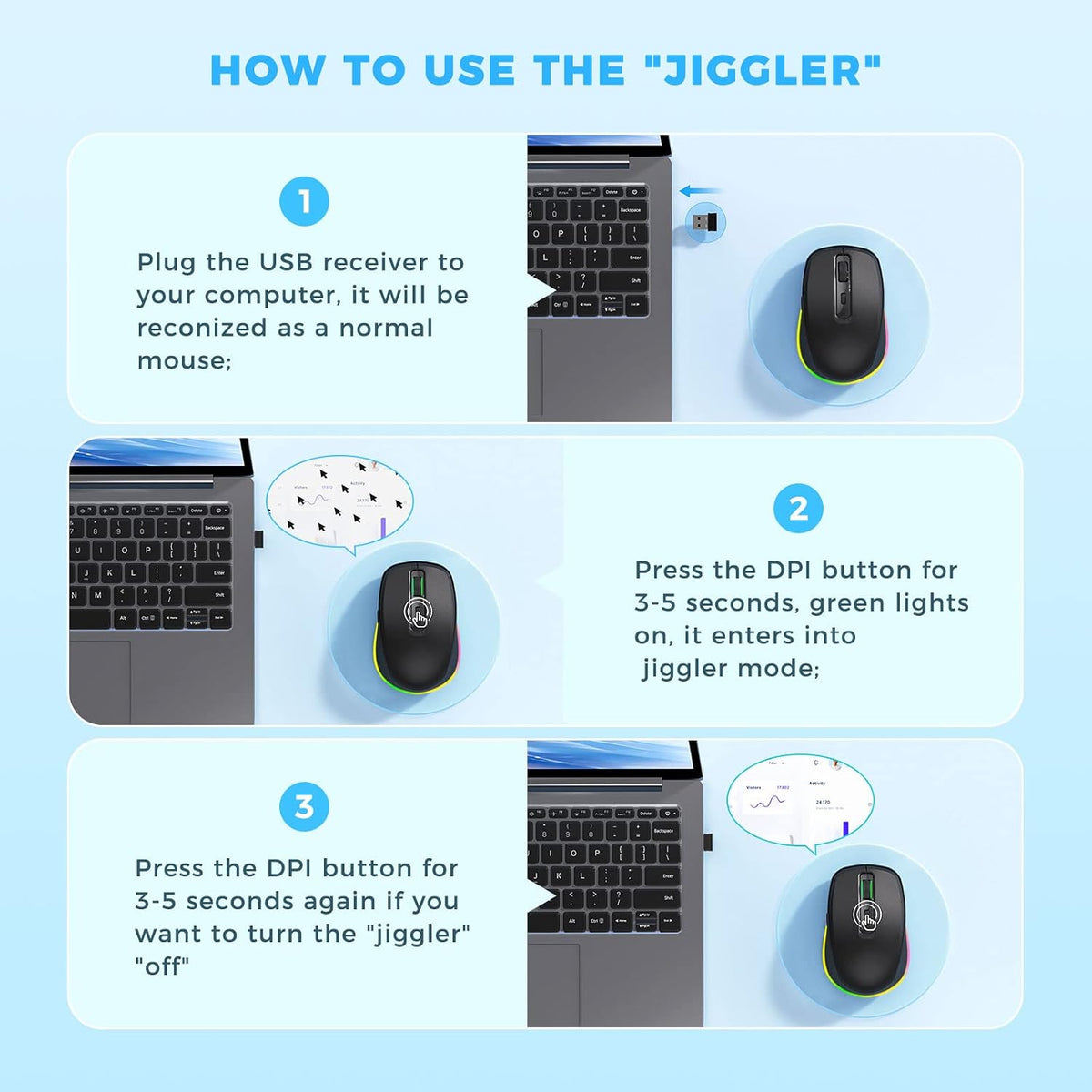 PEIOUS Wireless Mouse Jiggler, LED Mouse with Built-in Mouse Mover, Black | Rechargeable, Silent Clicks, Adjustable DPI and Random Movement Keep Computers Awake for Work-Life Balance on Laptop/PC/Mac