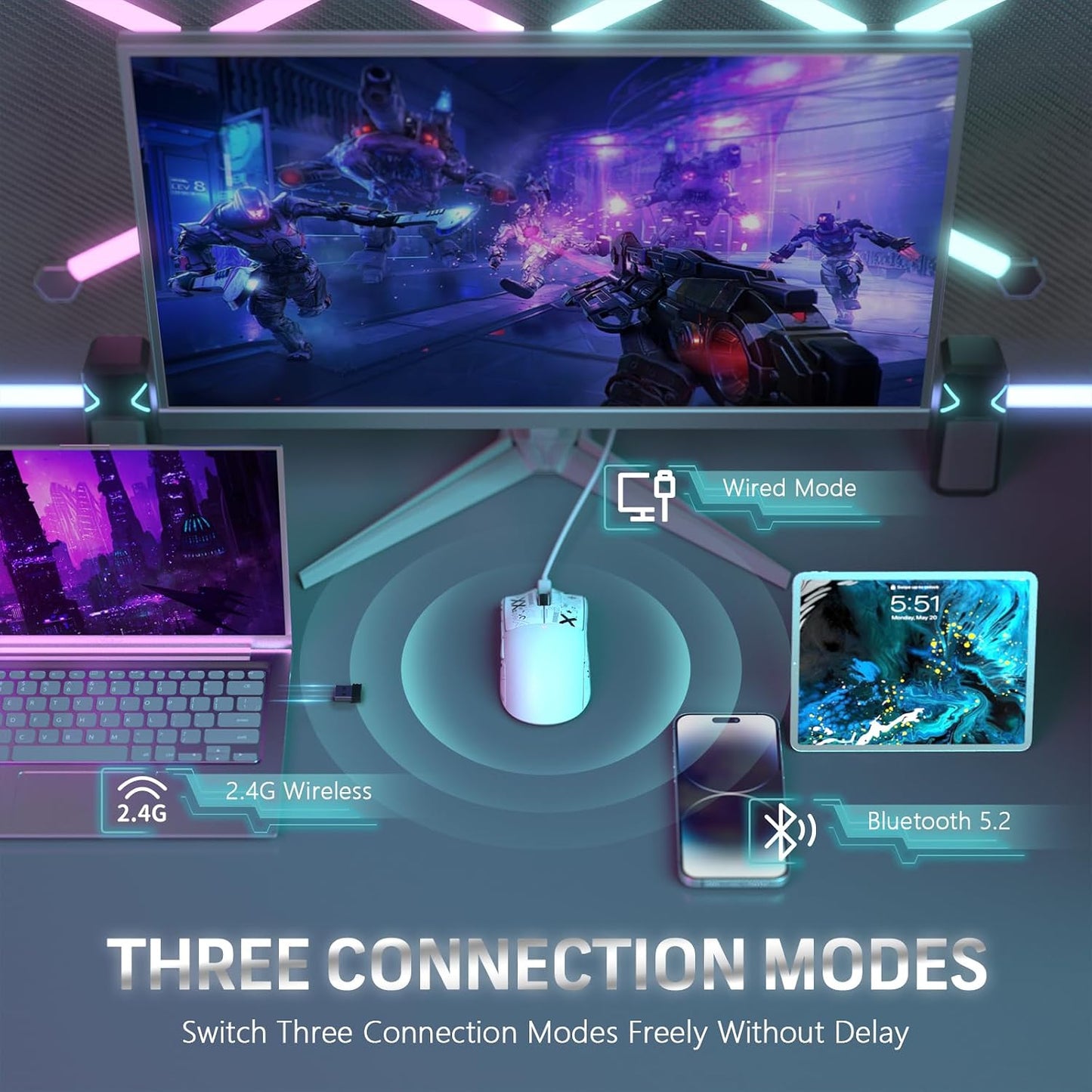ATTACK SHARK X11 59g Lightweight Wireless Gaming Mouse,RGB Magnetic Charging Dock,Tri-Mode-BT/2.4G Wireless/Wired Mouse with Grip Tape,22000 DPI,5 Programmable Buttons for Pc/Mac(White&Sticker)