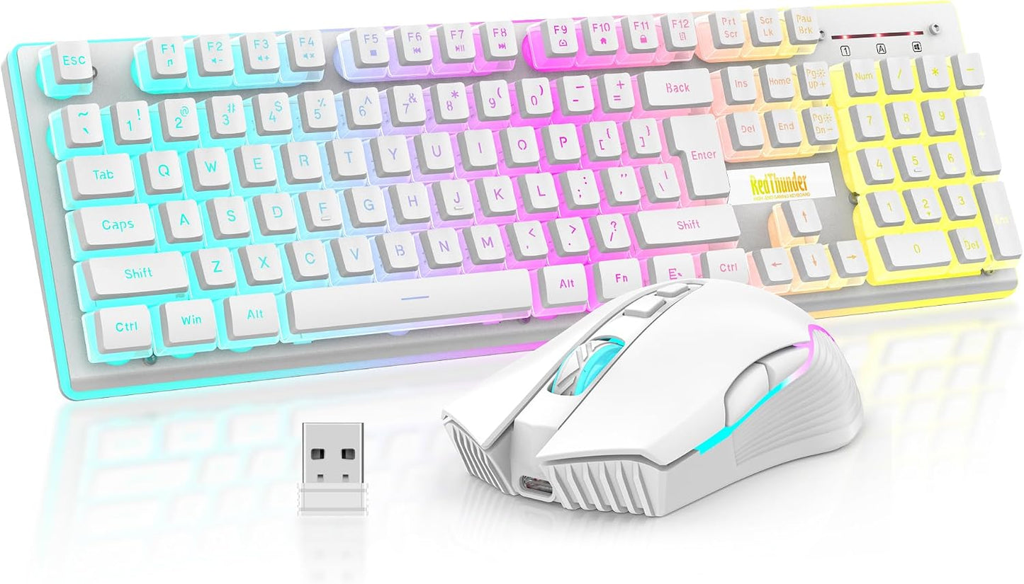 RedThunder K10 Wireless Gaming Keyboard and Mouse Combo, RGB Backlit Rechargeable 3800mAh Battery, Mechanical Feel Anti-ghosting Keyboard + 7D 3200DPI Mice for PC Gamer(White Pudding)