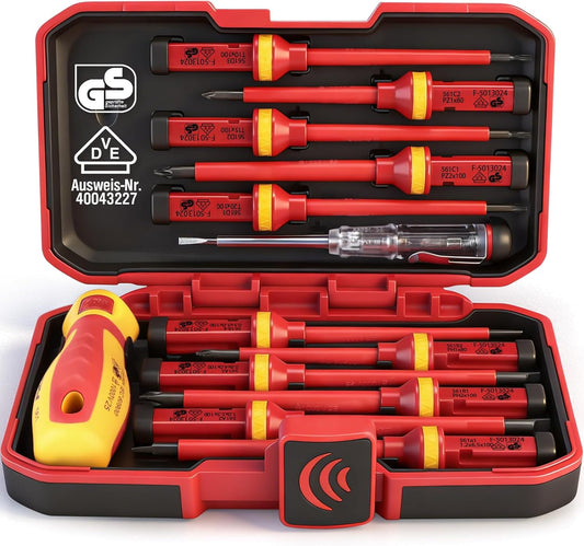 1000V Insulated Electrician Screwdriver Set - 13-Piece Professional Electrical Screwdriver Set Insulation Handle CRV Steel Magnetic Phillips Slotted Pozi Torx Tips VDE & GS Certified