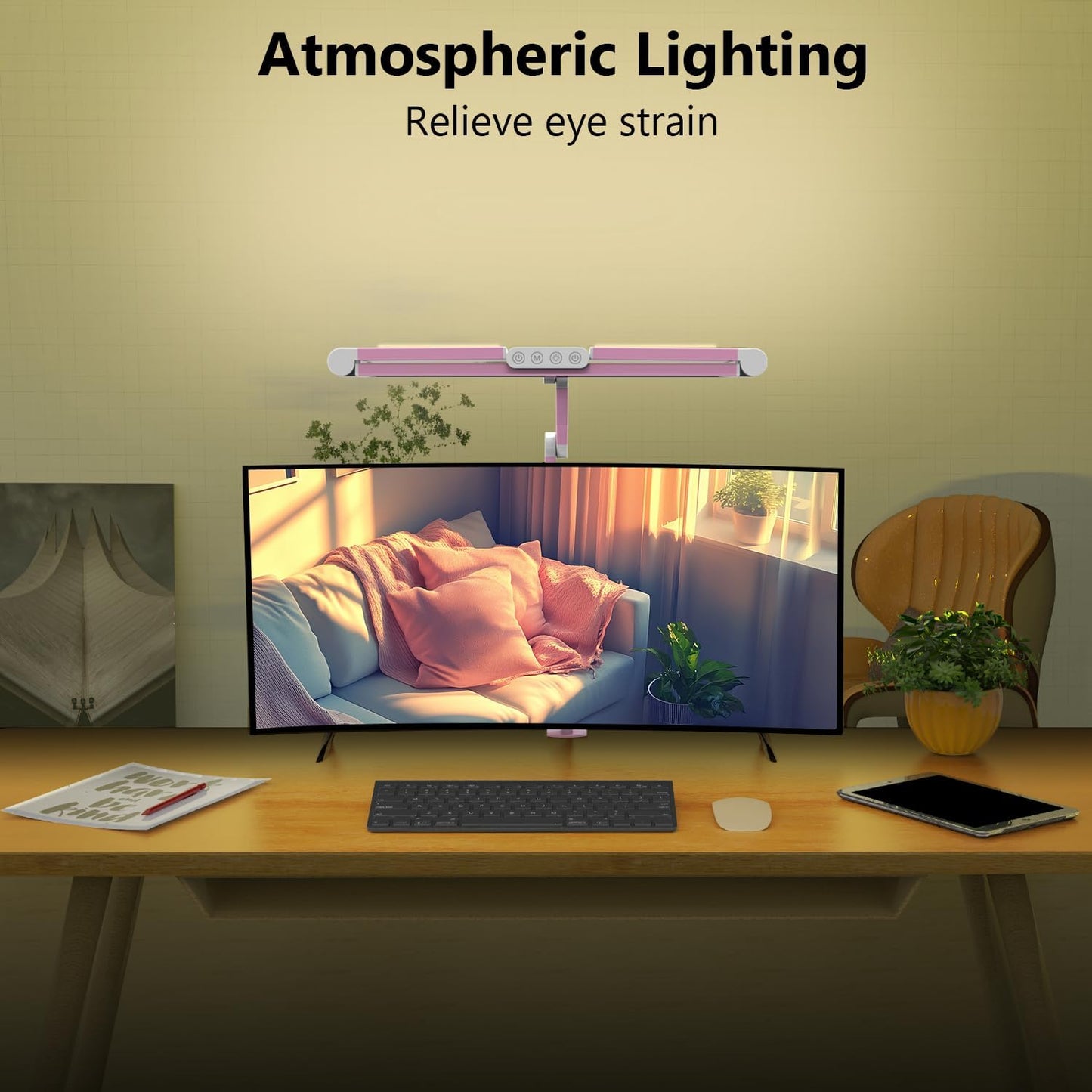 Micomlan Architect Desk Lamp for Home Office, Pink Desk Lamp with Clamp for Working, 24W Bright Rotatable Led Table Light Stepless Dimming Tempering Wide Computer Light for Crafting Puzzle Hobby
