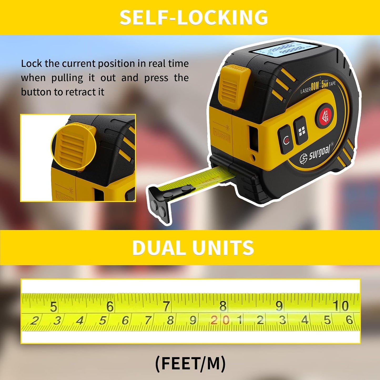 2-in-1 Laser Tape Measure USB-C Recharge 262Ft Laser & 16Ft Tape Red-Beam | Digital Tape with Laser, Magnetic Hook, Area / Volume / Pythagorean, Ft/In/Ft+In/M, Front/Back Reference Home DIY Woodworking