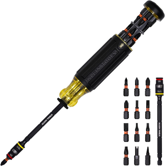 Klein Tools 32304 Screwdriver, 14-in-1 Adjustable Screwdriver with Flip Socket, HVAC Nut Drivers and Bits, Impact Rated