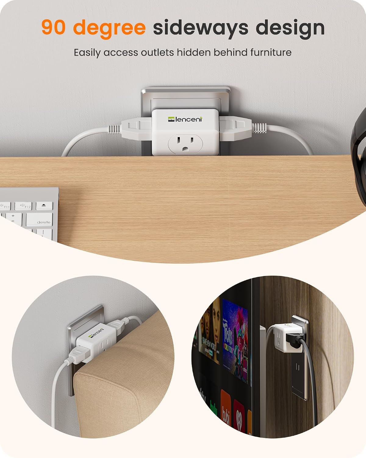 LENCENT 2 Prong to 3 Prong Outlet Adapter, Wall Plug Extender | Multiple Outlet Wall Plug with 3 AC, Non Grounded Outlets Expander for Japan Travel Kitchen Office Older House, 4 Pack