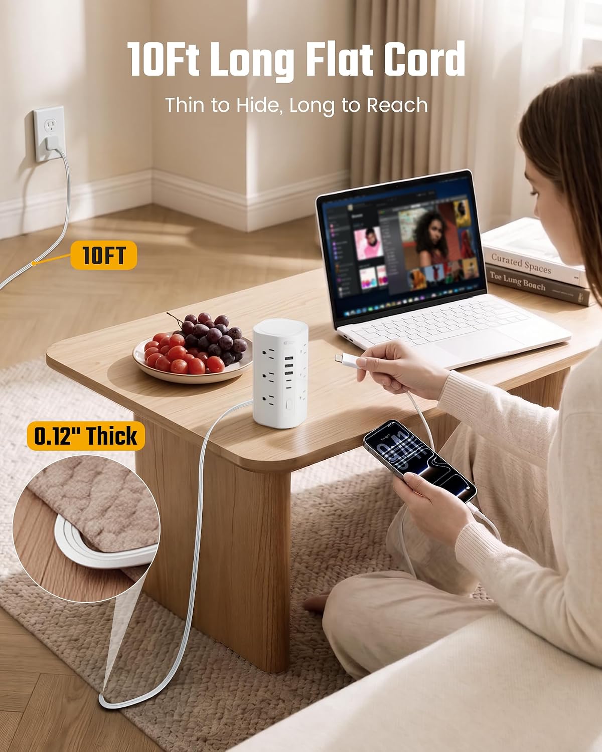 SUPERDANNY Tower Power Strip, 10Ft Extension Cord, 1700J, 12 AC 5 USB,White | 3 USB A, 2 USB C, Surge Protector Power Tower, Flat Plug, Desk Charging Station with Multiple Outlets, Home Office Dorm Room