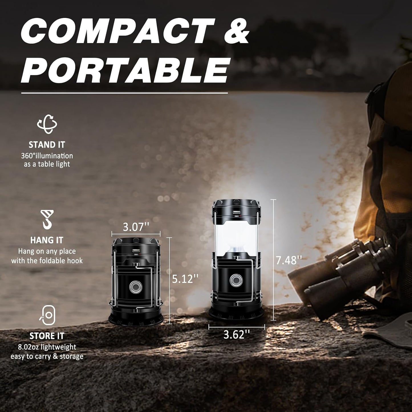 DIBMS 4-Pack Solar Camping Lantern, Collapsible Flashlight Emergency Lights | LED Solar USB Rechargeable Lamp Folding Tent Hanging Lights Survival Kits for Hurricanes Power Outages Indoor Outdoor (Black)