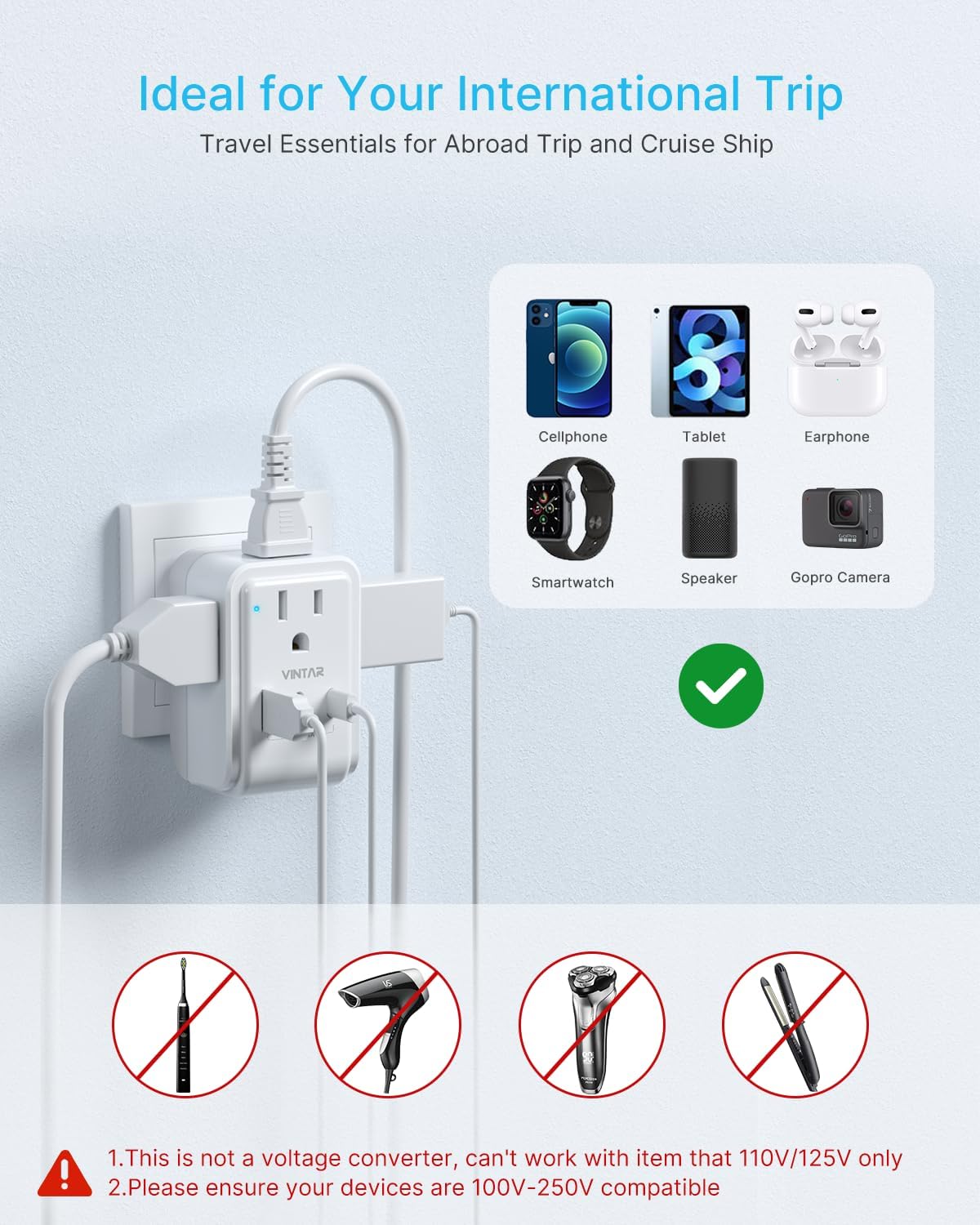VINTAR 2 Pack European Travel Plug Adapter, 7 in 1 Type C Foldable Plug | 4 AC Outlets 3 USB Charging Ports(2 USB C), International Power Adapter for US to Most Europe EU Italy Spain France Iceland