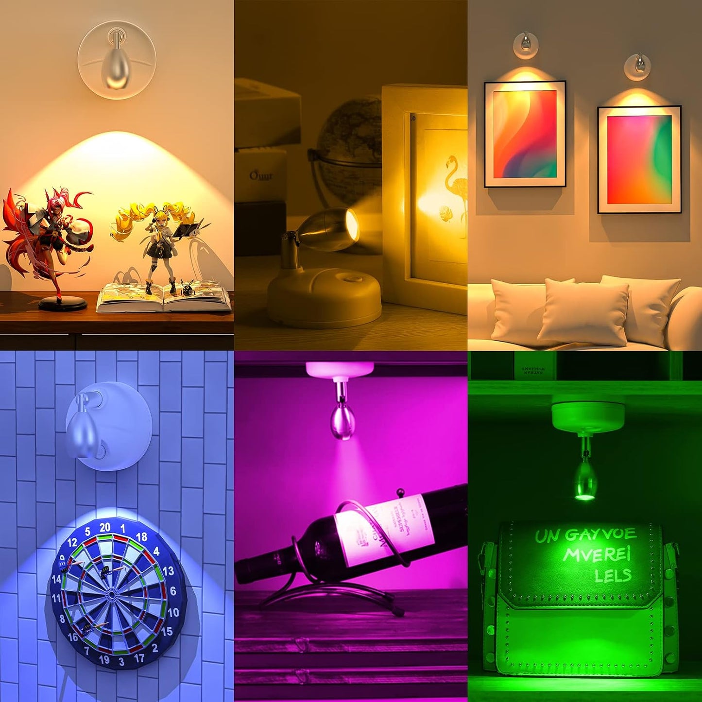 Spot Lights Indoor Battery Operated Uplights with Remote, RGBW 13 Color Wireless LED Spotlights Mini Stick On Wall Accent Lights Rotatable Head with Dimmer & Timer for Artwork Painting Closet