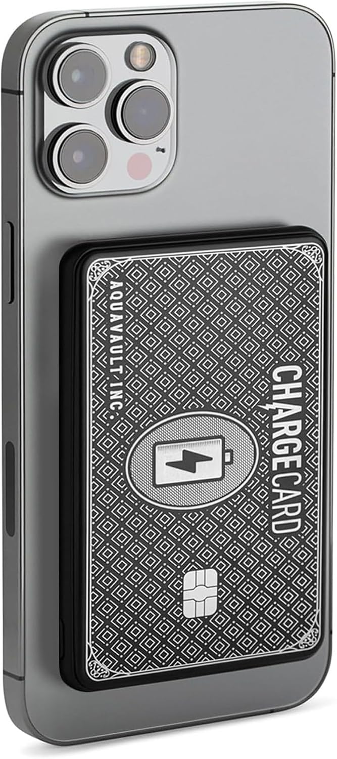AquaVault ChargeCard Wireless Charge Card Phone Charger 5000mAh MagSafe 20W | Black, fits in your wallet. Magnetic attachment works with iPhone 12-17 and Android. 20W fast charge, 5000mAh capacity.