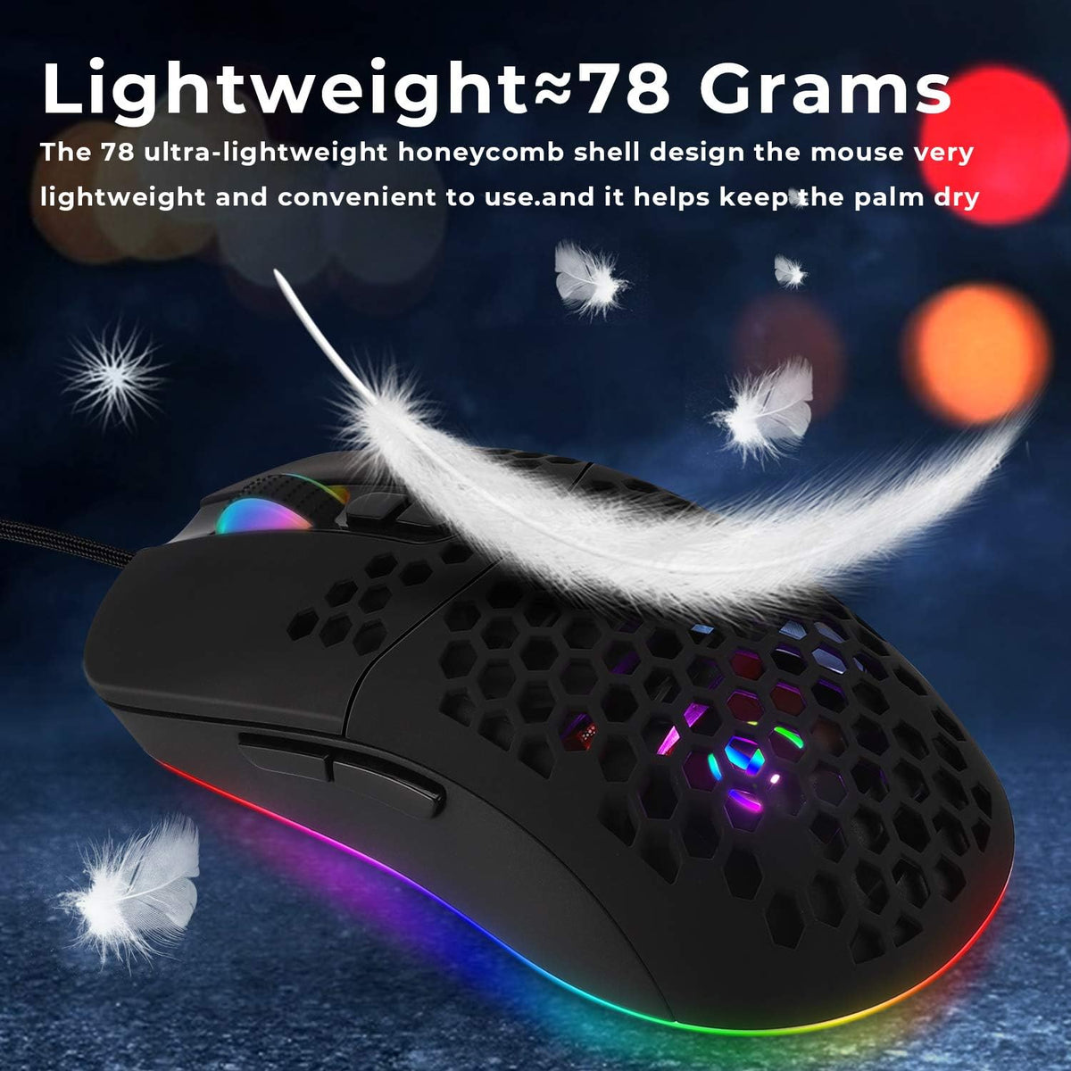 HXMJ Wired USB C Gaming Mice,Lightweight Honeycomb,7200DPI,Corded Mouse with RGB Backlit for Apple MacBook,Tablets,Computer or Laptops with Type C Port