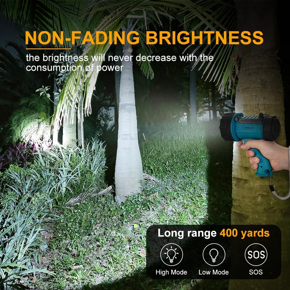 YIERBLUE Rechargeable Spotlight, Super Bright 1000,000 High Lumen LED IP67 Waterproof Handheld Spotlight Long Lasting Large Flashlight Searchlight with Detachable Red Light Filter