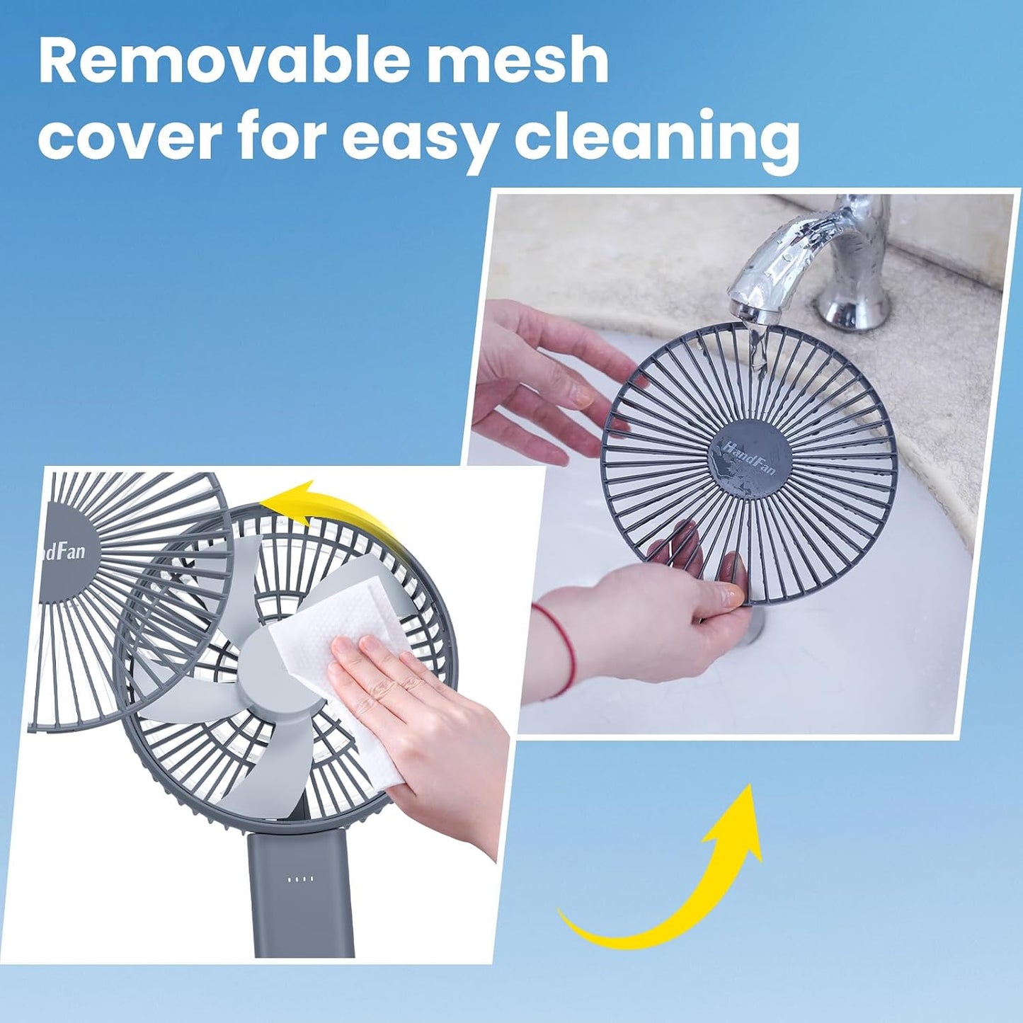 HandFan Quiet 6 Inch Handheld Fan [34H Max Cooling Time], 6 Speed Rechargeable Personal fan and Desktop with Base, 180° Foldable for Travel Concerts Makeup Office (Grey)