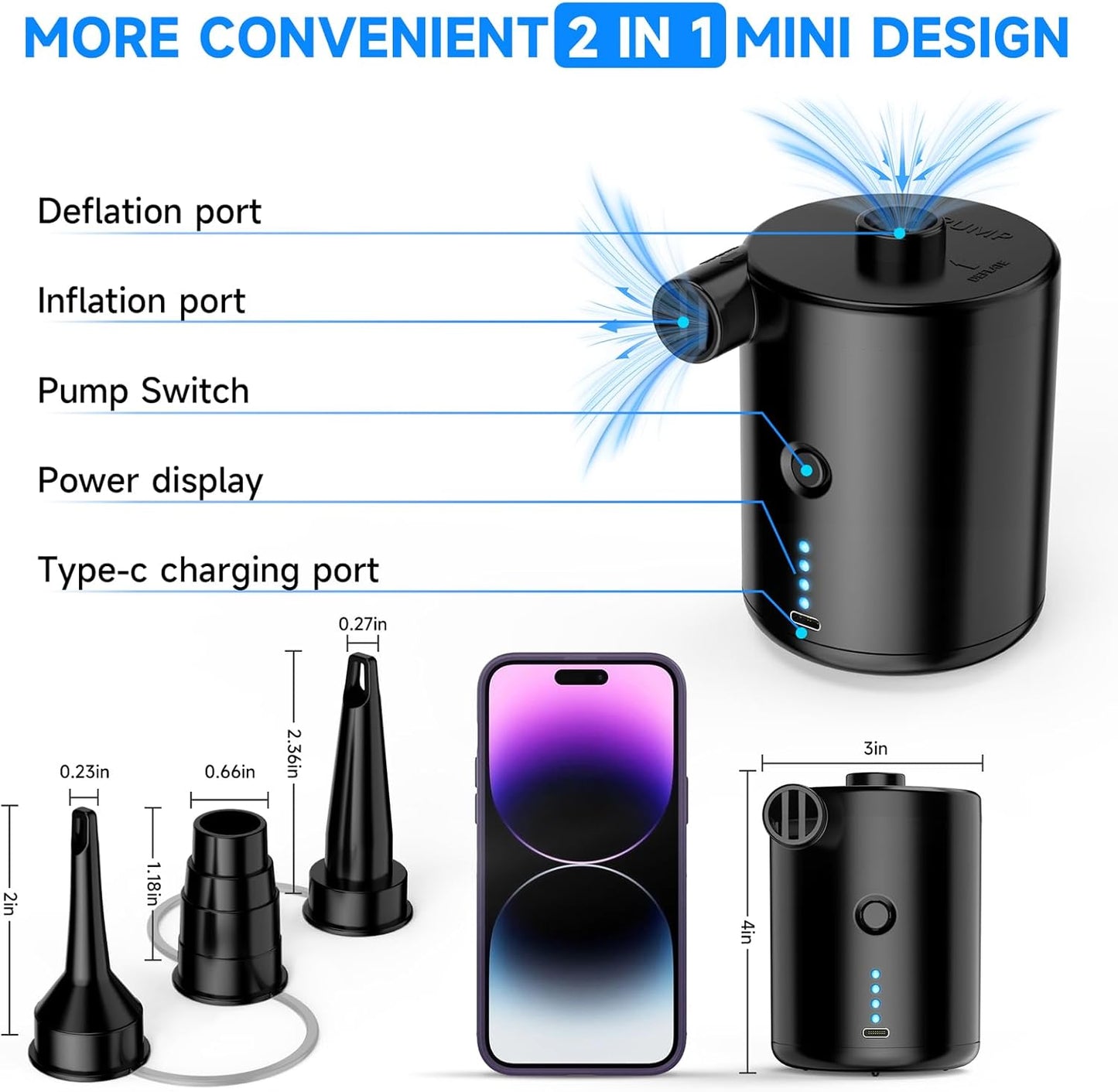 Air Pump for Air Mattress, Air Mattress Pump for Inflatables, Quick Fill Inflator Deflator Air Pump Perfect for Outdoor Camping Inflatable Boat Blow Up Pool Water Toy Car Air Bed