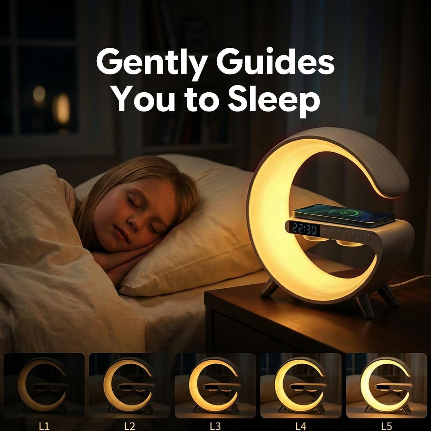 5 in 1 LED Table Lamp with Wireless Charging Bluetooth Speaker | App Controlled Night Light Alarm Clock for Christmas Birthday Gifts for Teens Adults Desk Office Bedroom Decor