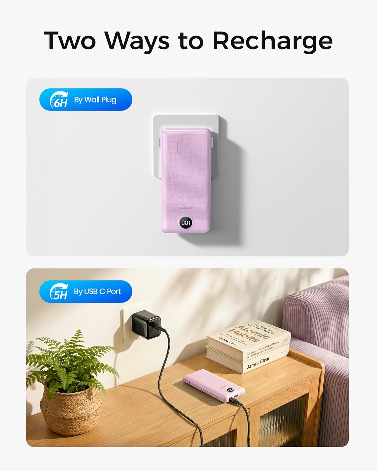 VEGER Portable Charger for iPhone, Power Bank Built in Cable and Wall Plug | 10000mAh Slim USB C Battery Pack, Travel Essentials for Camping Cruise Business Trip, Compatible with Smart Devices, Purple