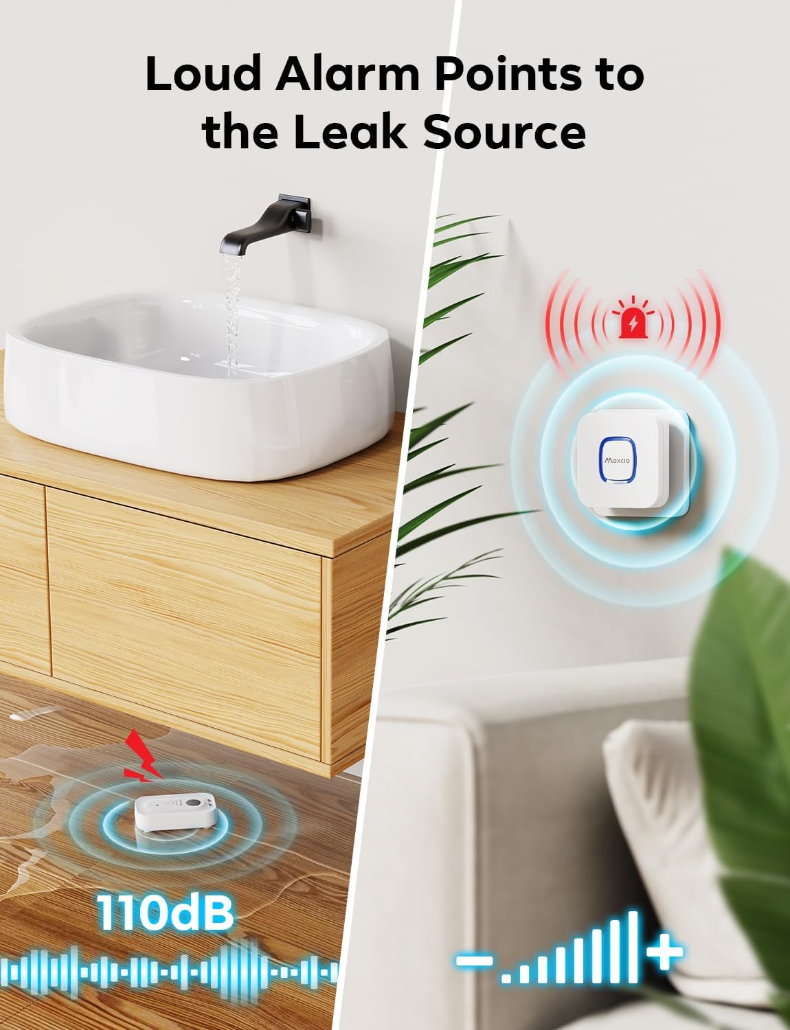 MAXCIO Wi-Fi Water Leak Detector, Smart Water Wireless Sensor with 110dB Adjustable Alarm, APP, SMS, Phone Notifications, 1640ft Transmission Range, Suitable for Basement, Bathroom and Kitchen
