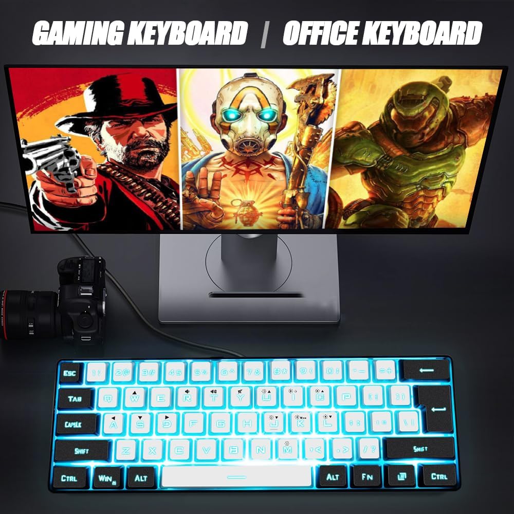 abucow 60% Percent Gaming Keyboard Minimalist Portable Wired Ultra-Compact Mini Imitation 61 Keys RGB Backlit Keyboard (White-Black)
