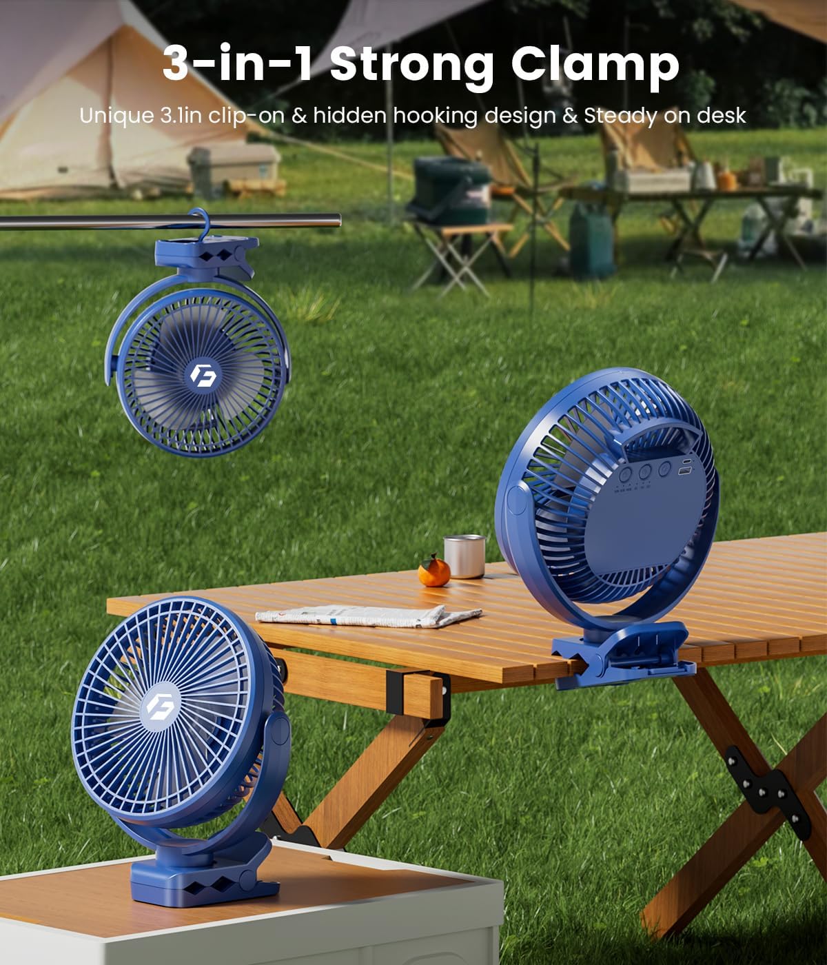 8" Clip on Fan, 20000mAh Rechargeable Fan Battery Portable, Strong Airflow | 3 Speeds, USB Fan Small Desk Fan Personal Quiet Fan for Office, Stroller, Bedroom, Camping, Gifts for Men, Blue