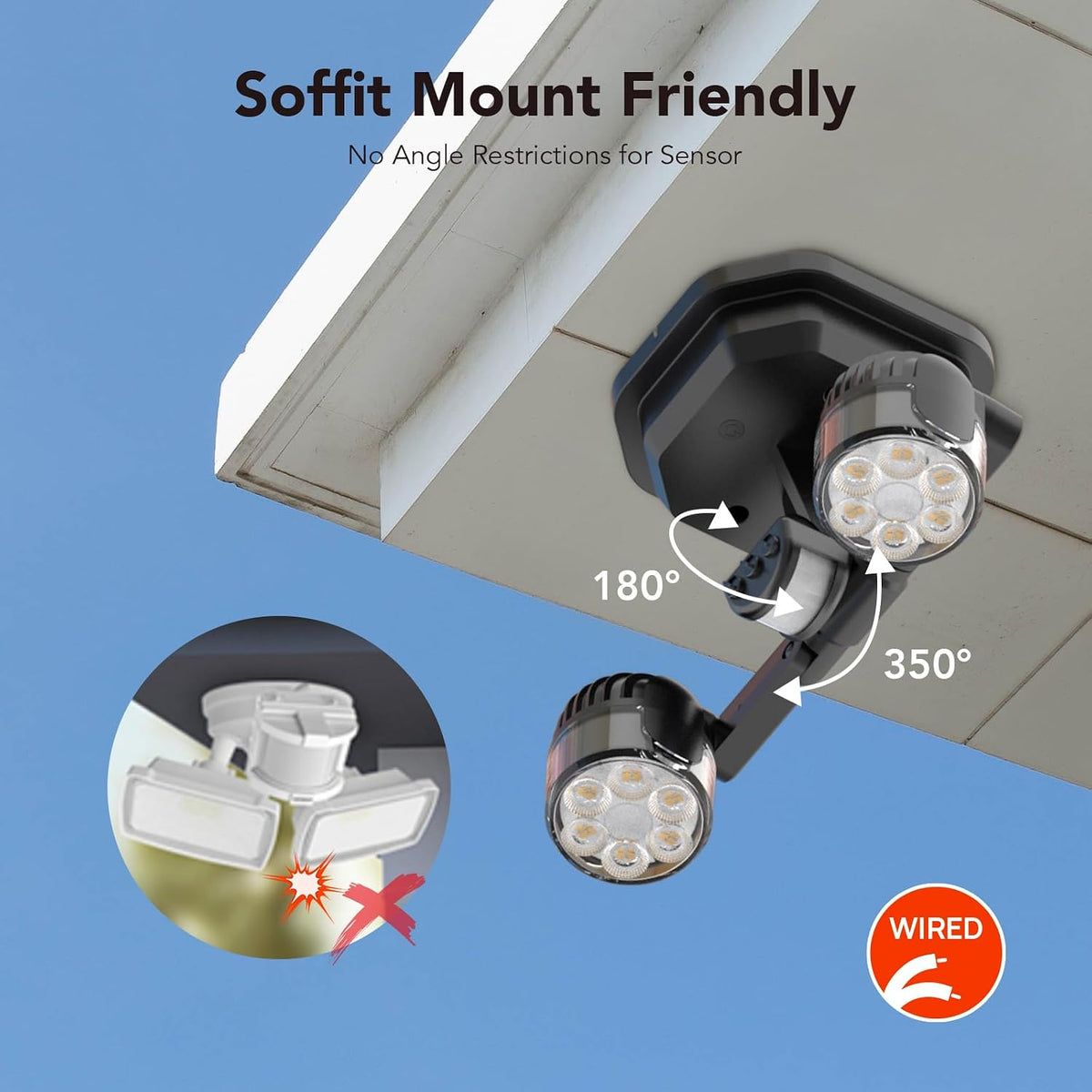 OREiN Motion Sensor Outdoor Security Lights, Dual-Head Adjustable LED Flood Lights, 3 Modes (Motion/Manual/Dusk to Dawn), 150W Equivalent, 5000K, IP65 Waterproof, Hardwired, Black (2 Pack)