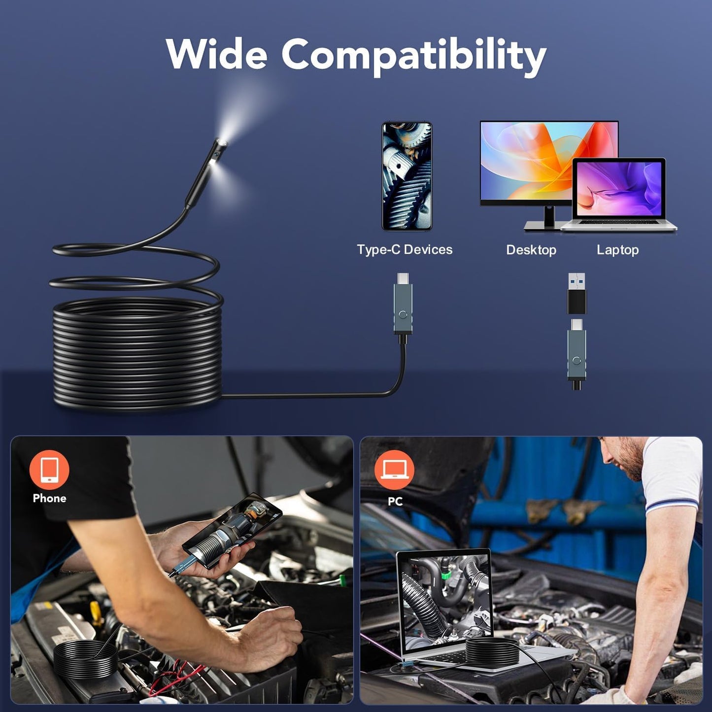 Dual Lens 5" IPS Endoscope Camera with Lights, 1080P Borescope Camera | AukonVee IP67 Waterproof Industrial Snake Camera, 16.5ft Semi-Rigid Cable, Comes with 32GB Memory Card