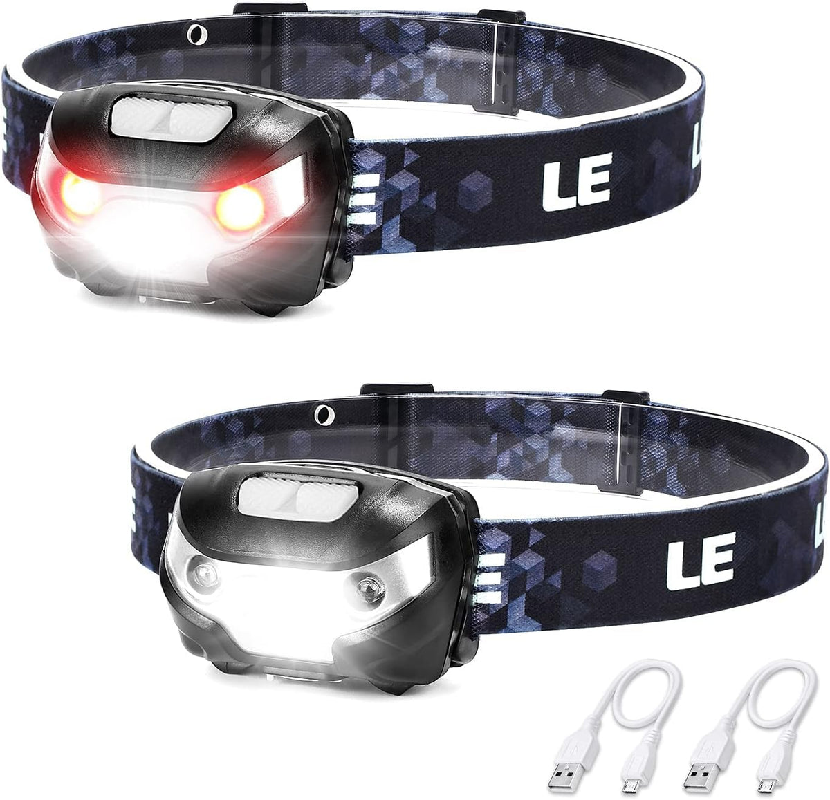 Lighting EVER LED Headlamp Rechargeable IPX4 Waterproof Headlight 2 Pack | USB Cable Included,Super bright,Multiple lighting modes,Red light,Lightweight,Adjustable Headband,Camping,Hiking,Running