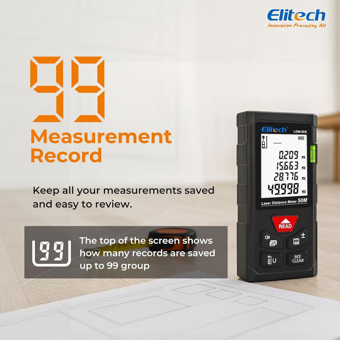 Elitech Laser Tape Measure, 165ft Laser Distance Meter with Bubble Level | 6 Measurement Modes, 99 Measurement Memory, Backlit LCD, M/in/ft Unit Switching, Simple Button Control