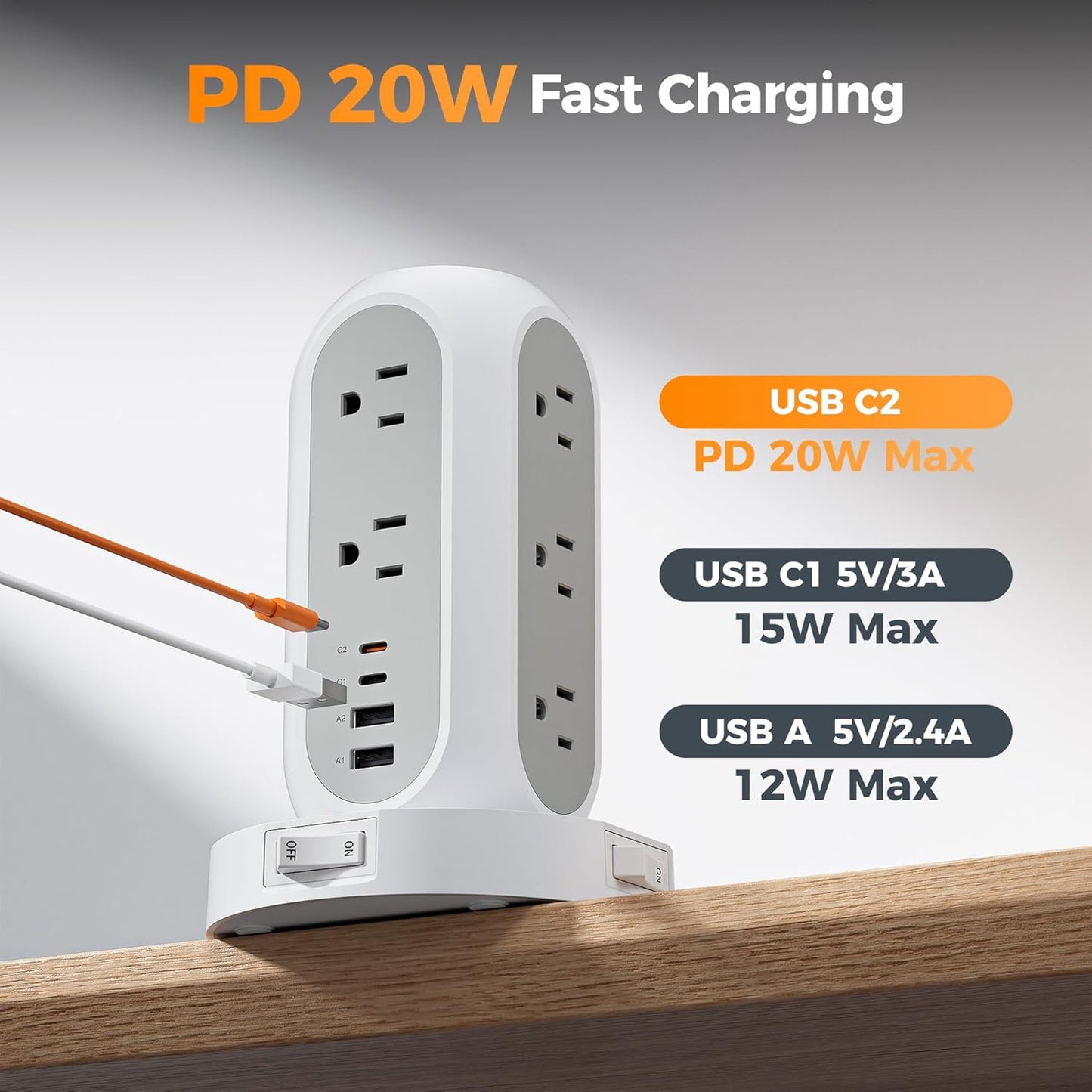 TESSAN Surge Protector Power Strip with 1050J, Individual Switches, 6 Ft | 11 Outlets, 4 USB Ports (2 USB C), Flat Extension Cord, 20W Charging Station for Multiple Devices, for Office, Dorm Room