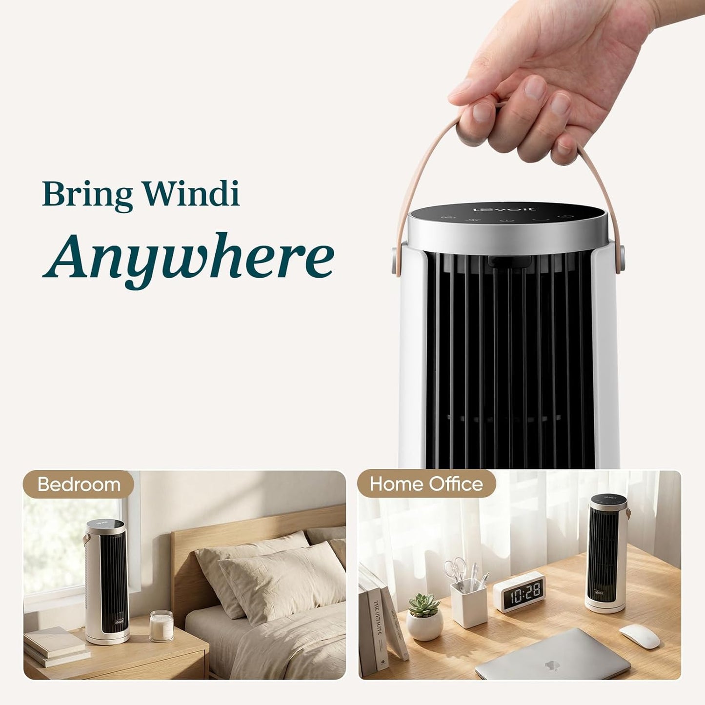 Levoit Tower Fan for Bedroom, 20dB Quiet Desk Fan, Portable Fan with 23ft/s | 3 Angles 4 Speeds Mini Oscillating Fan, DC Motor, Bladeless, Easy to Carry, Remoter, 12H Timer, for Home, Room, Office, White