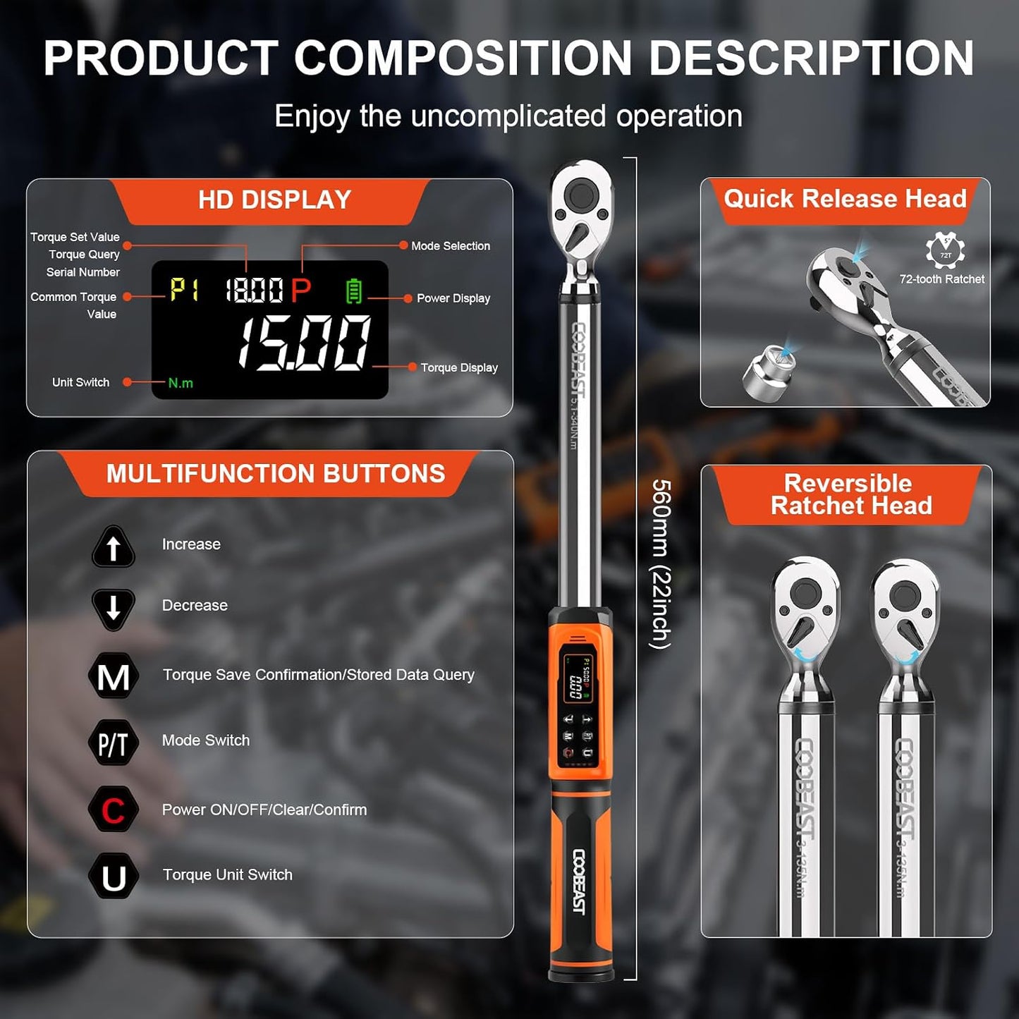 coobeast 1/2 Drive Digital Torque Wrench(3.76-250.8 Ft.lbs./5.1-340Nm) | Preset Value Torque Wrench with ±2% accuracy, Buzzer and LED Flash Five Units of Measure for Motorcycle, Auto Repair