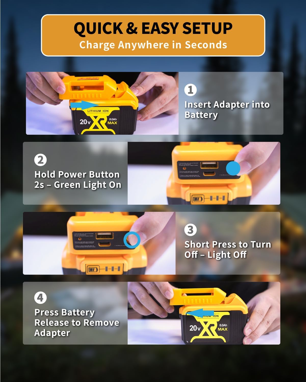 2 Pack USB Battery Adapter Compatible for Dewalt 20V Battery, Battery Converter with USB and Type-C Output Ports for Camping, Travel, Outdoor Indoor Work (Adapter Only)