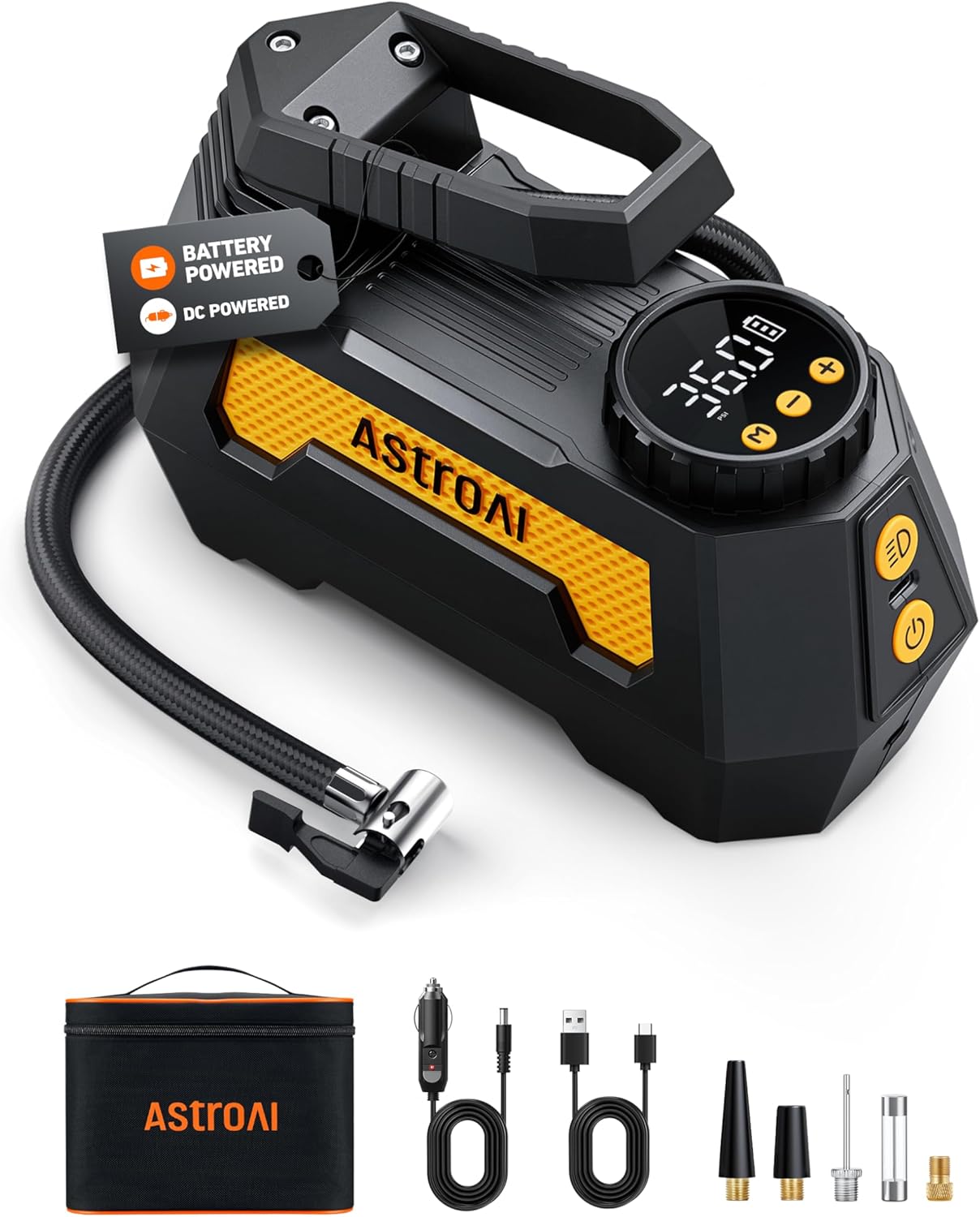 AstroAI H2 Pro Cordless Tire Inflator Portable Air Compressor 12VDC Battery | Dual Power Supply Auto Shut-Off Digital Pressure Gauge Fast Inflation Air Pump for Cars Motorcycles Bikes Ball Gift Yellow