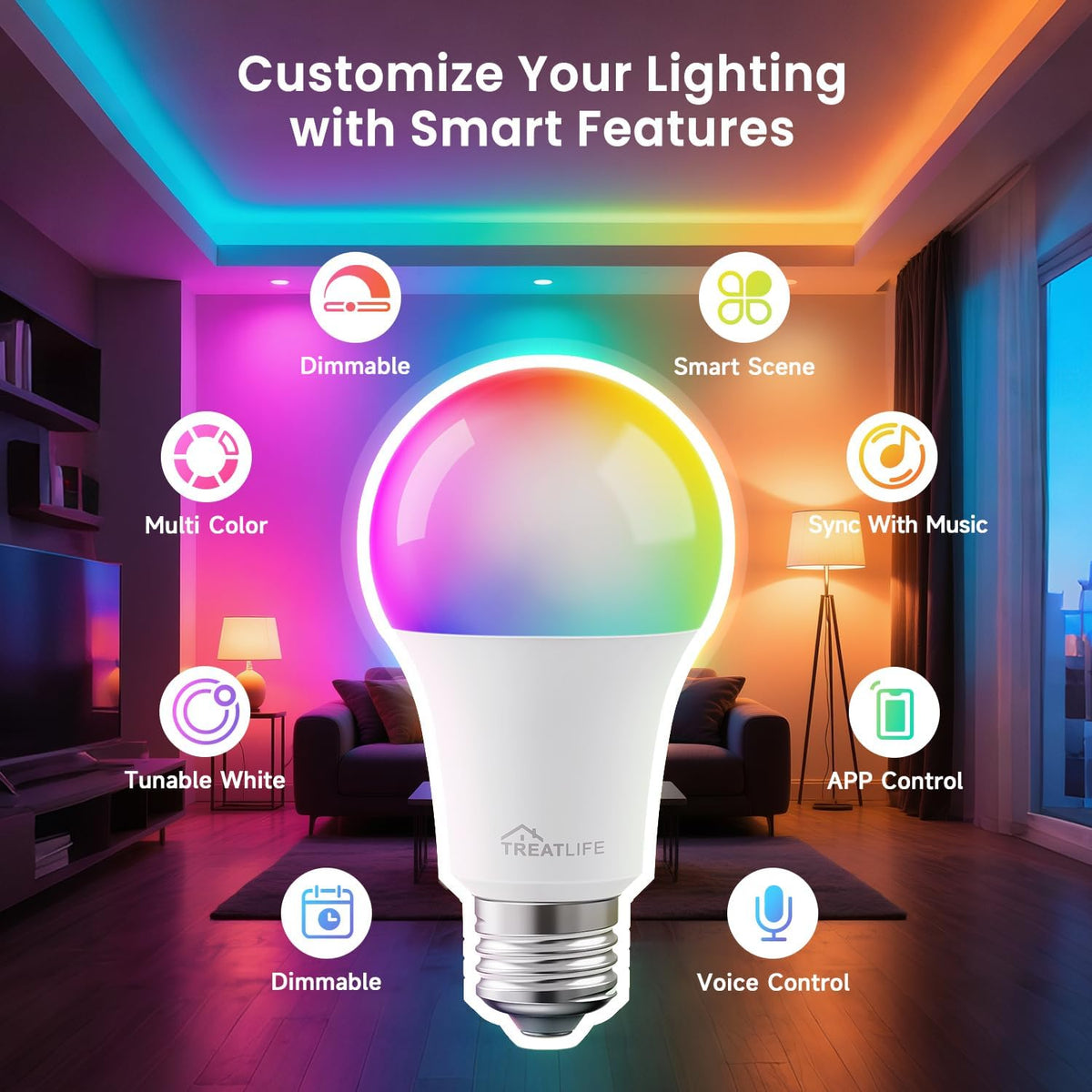 TREATLIFE Smart Light Bulbs 4 Pack, 2.4GHz Color Changing Light Bulb, Works with Alexa Google Home, A19 E26 Dimmable LED Light Bulb 9W 800 Lumen for Party Decoration, Smart Home Lighting
